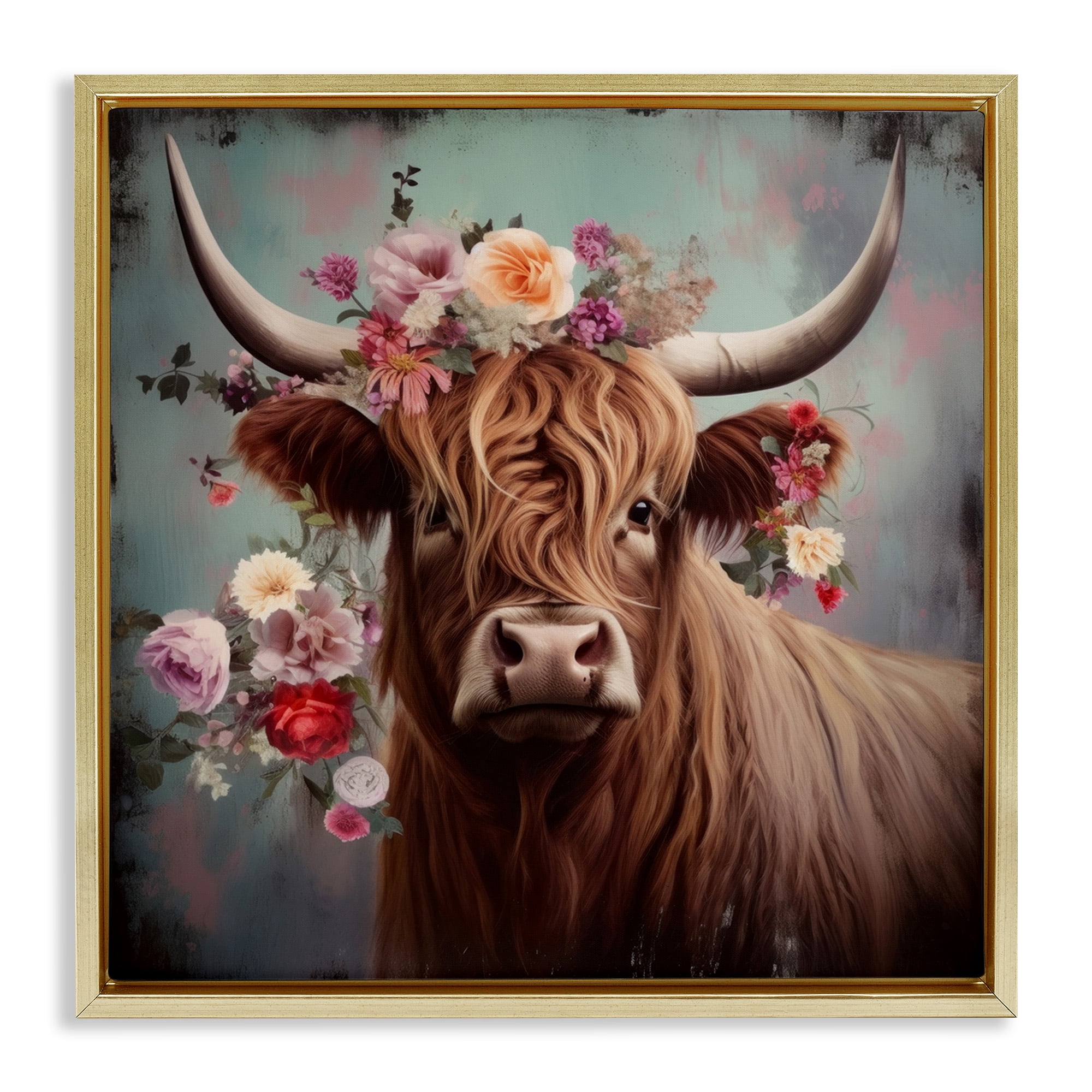 Stupell Industries Cow with Vintage Florals Animals & Insects Painting Gold Floater Framed Canvas Art Print Wall Art, 18 x 18