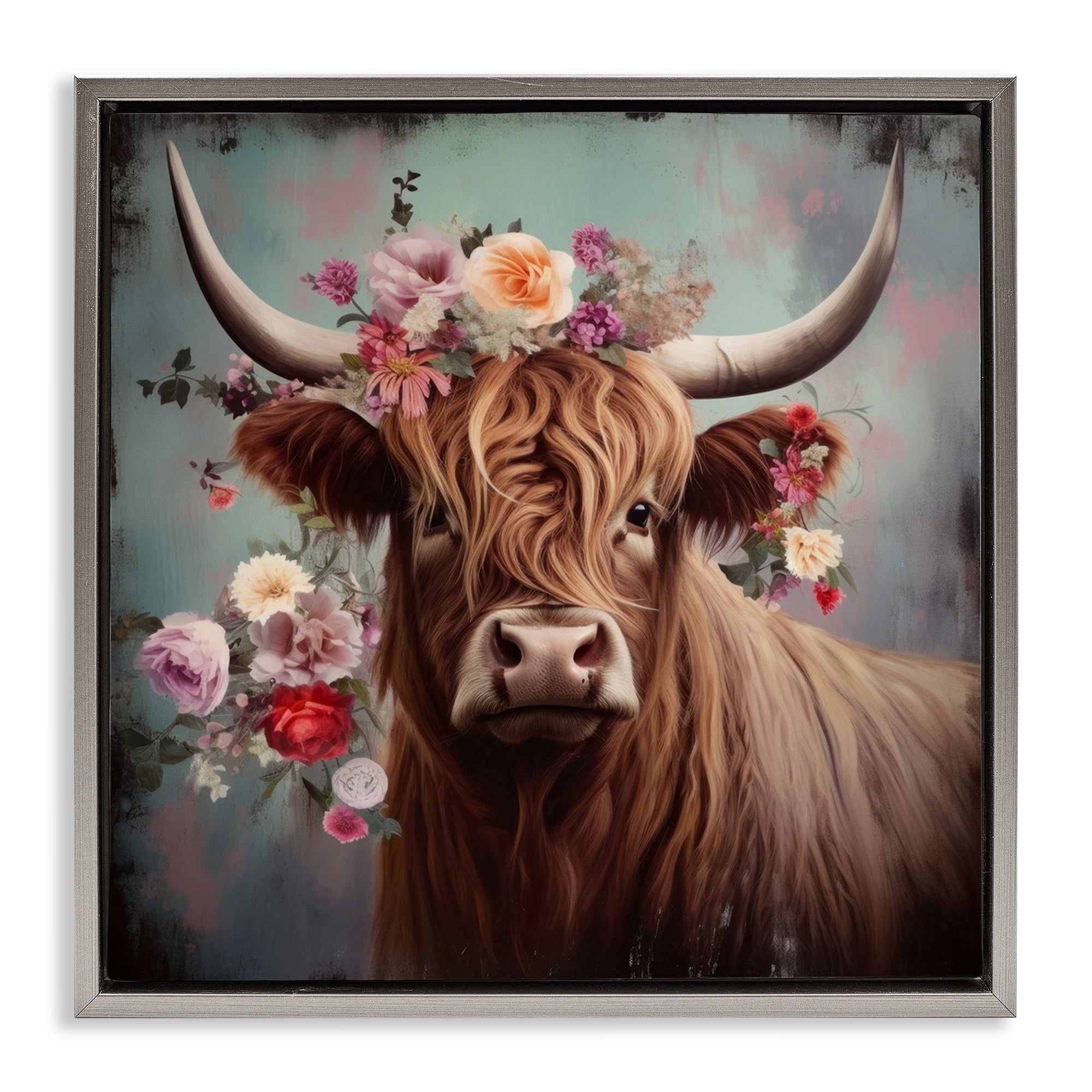 Stupell Industries Cow with Vintage Florals Animals & Insects Painting Gray Floater Framed Canvas Art Print Wall Art, 25 x 25