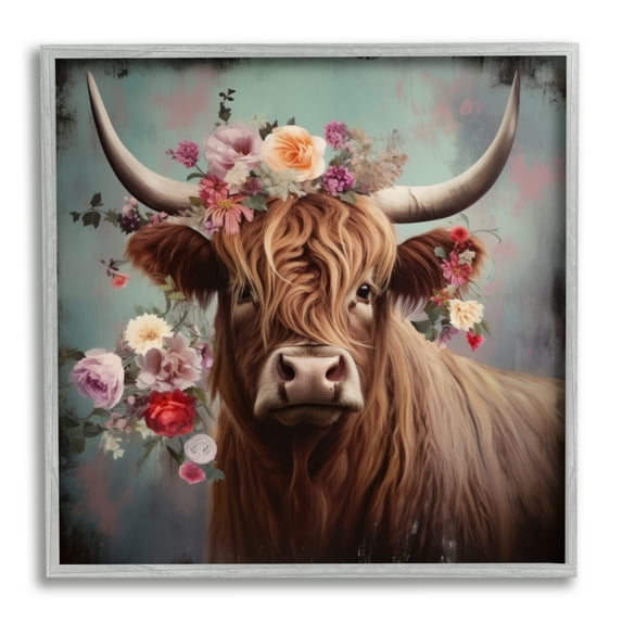 Stupell Industries Cow with Vintage Florals Animals & Insects Painting Gray Framed Art Print Wall Art, 12 x 12