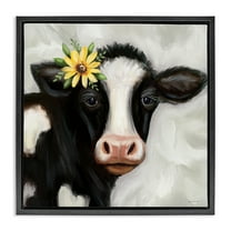 Stupell Industries Cow with Yellow Daisy Animals & Insects Painting Black Floater Framed Canvas Art Print Wall Art, 18 x 18