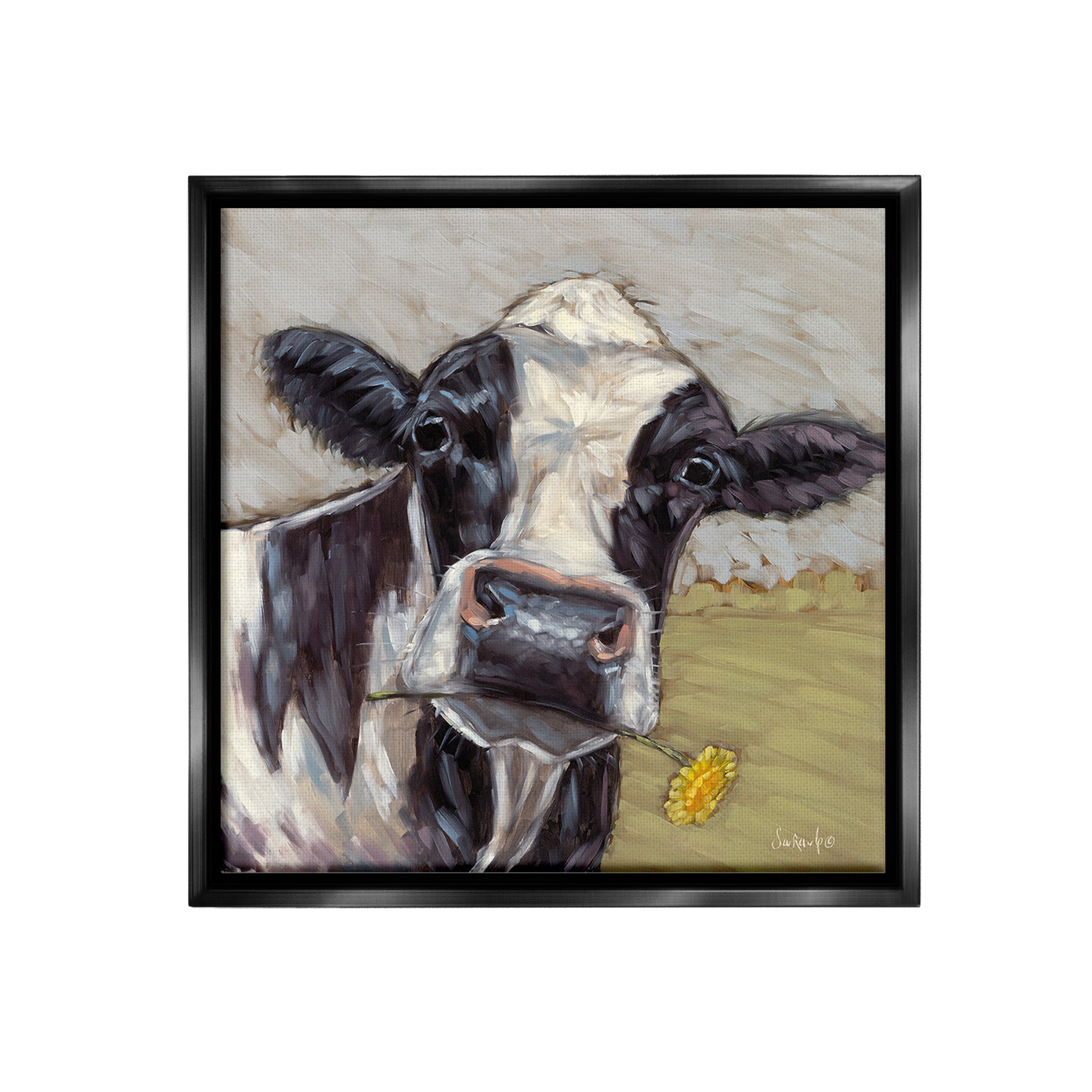 Stupell Industries Cow with Yellow Daisy Animals & Insects Painting Black Floater Framed Canvas Art Print Wall Art, 18 x 18