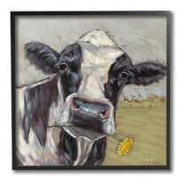Stupell Industries Cow with Yellow Daisy Animals & Insects Painting Black Framed Art Print Wall Art, 12 x 12