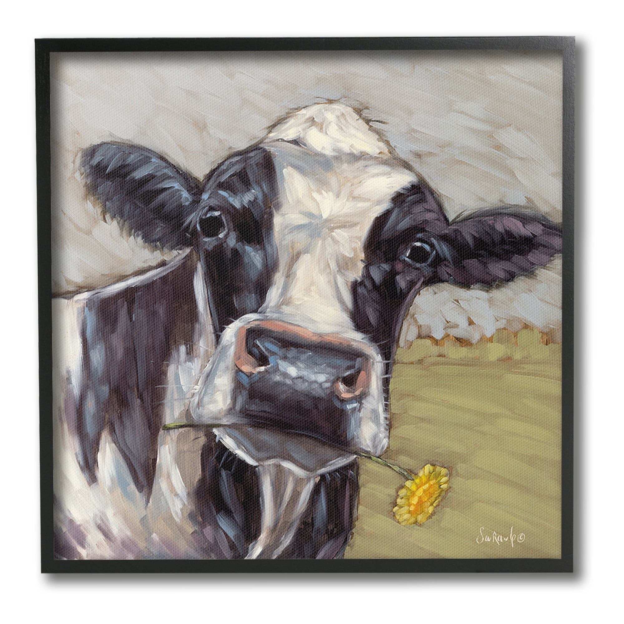 Stupell Industries Cow with Yellow Daisy Animals & Insects Painting Black Framed Art Print Wall Art, 24 x 24