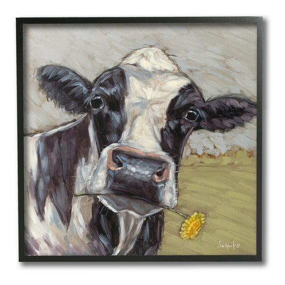 Stupell Industries Cow with Yellow Daisy Animals & Insects Painting Black Framed Art Print Wall Art, 24 x 24