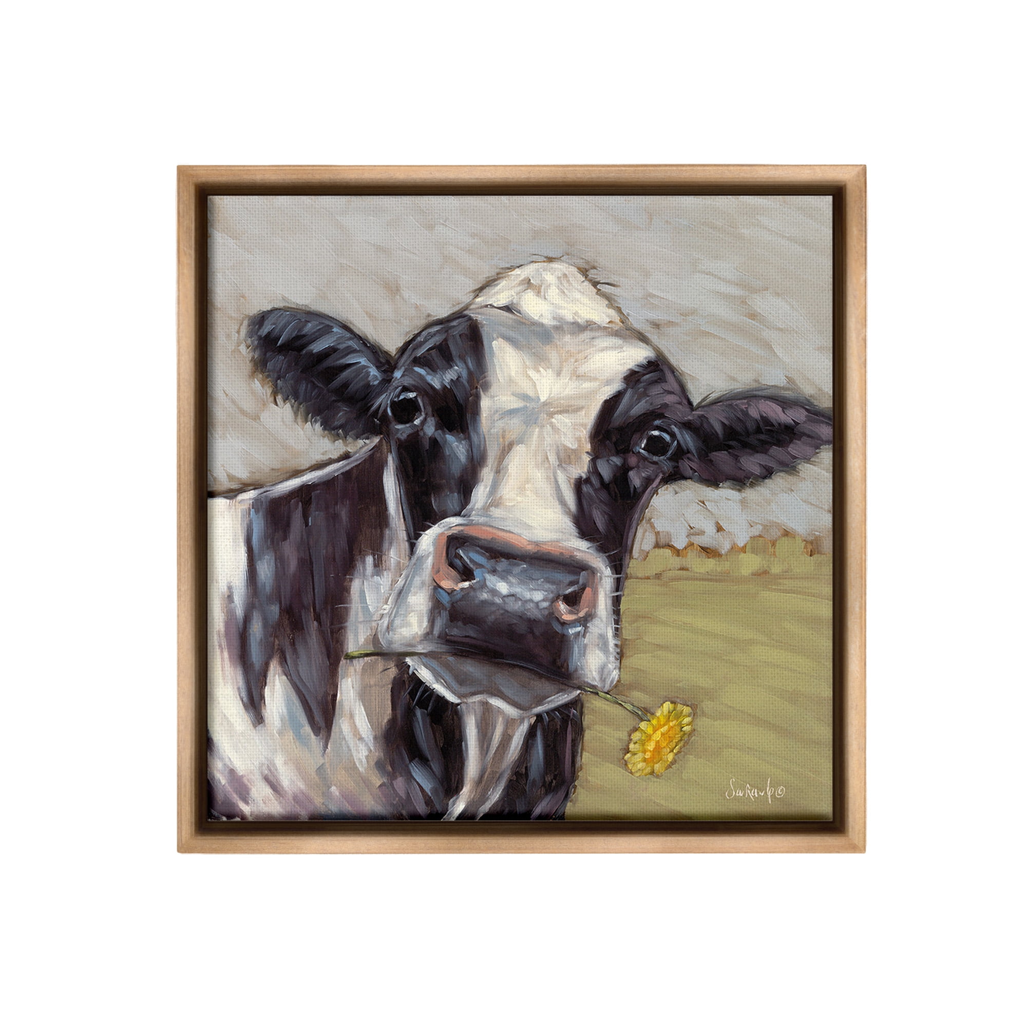 Stupell Industries Cow with Yellow Daisy Animals & Insects Painting Brown Floater Framed Canvas Art Print Wall Art, 25 x 25