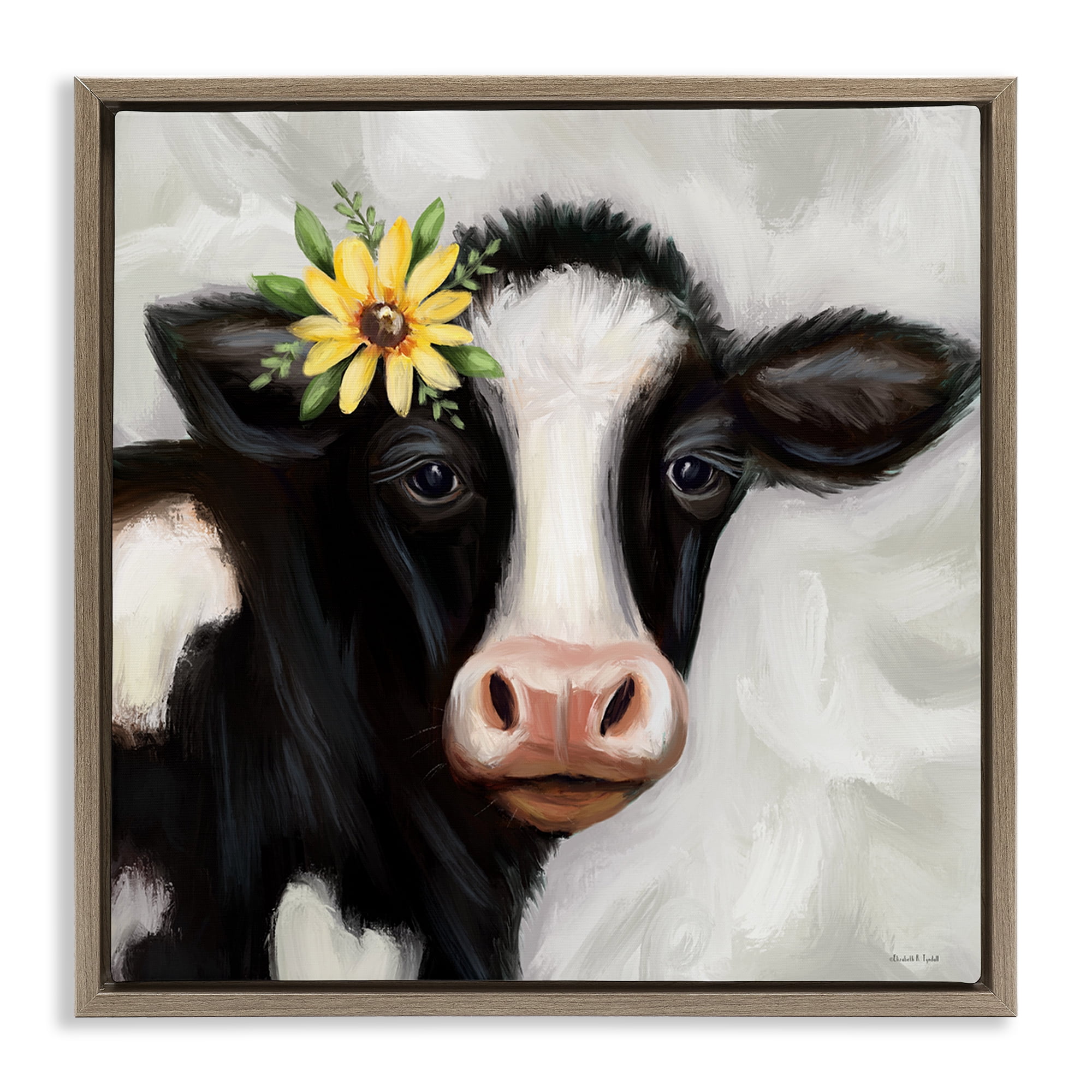 Stupell Industries Cow with Yellow Daisy Animals & Insects Painting Brown Floater Framed Canvas Art Print Wall Art, 25 x 25