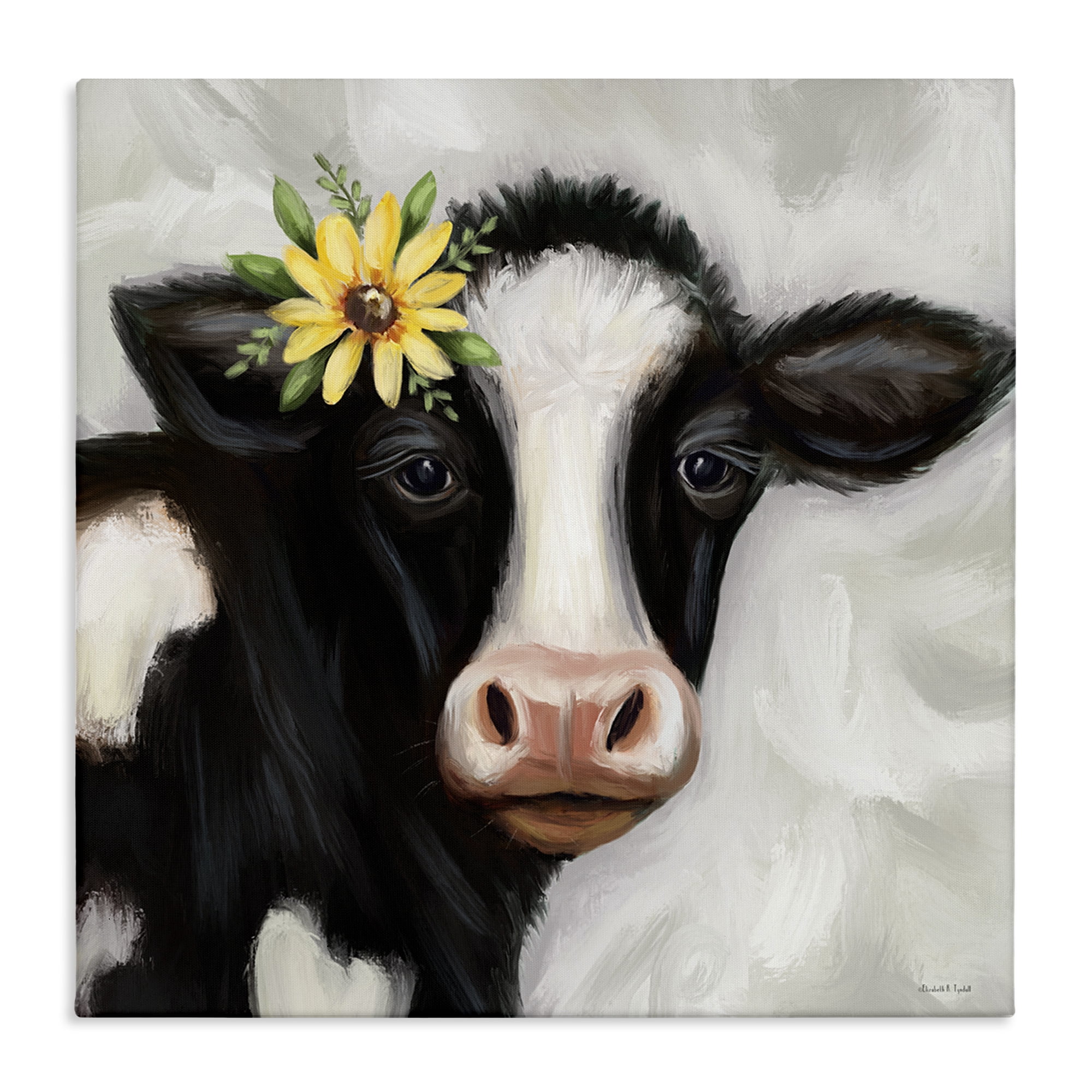 Stupell Industries Cow with Yellow Daisy Animals & Insects Painting Gallery Wrapped Canvas Art Print Wall Art, 17 x 17