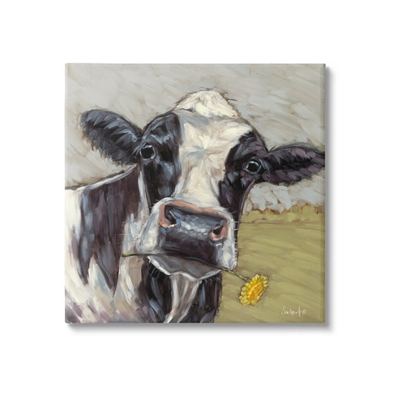 Stupell Industries Cow with Yellow Daisy Animals & Insects Painting Gallery Wrapped Canvas Art Print Wall Art, 24 x 24