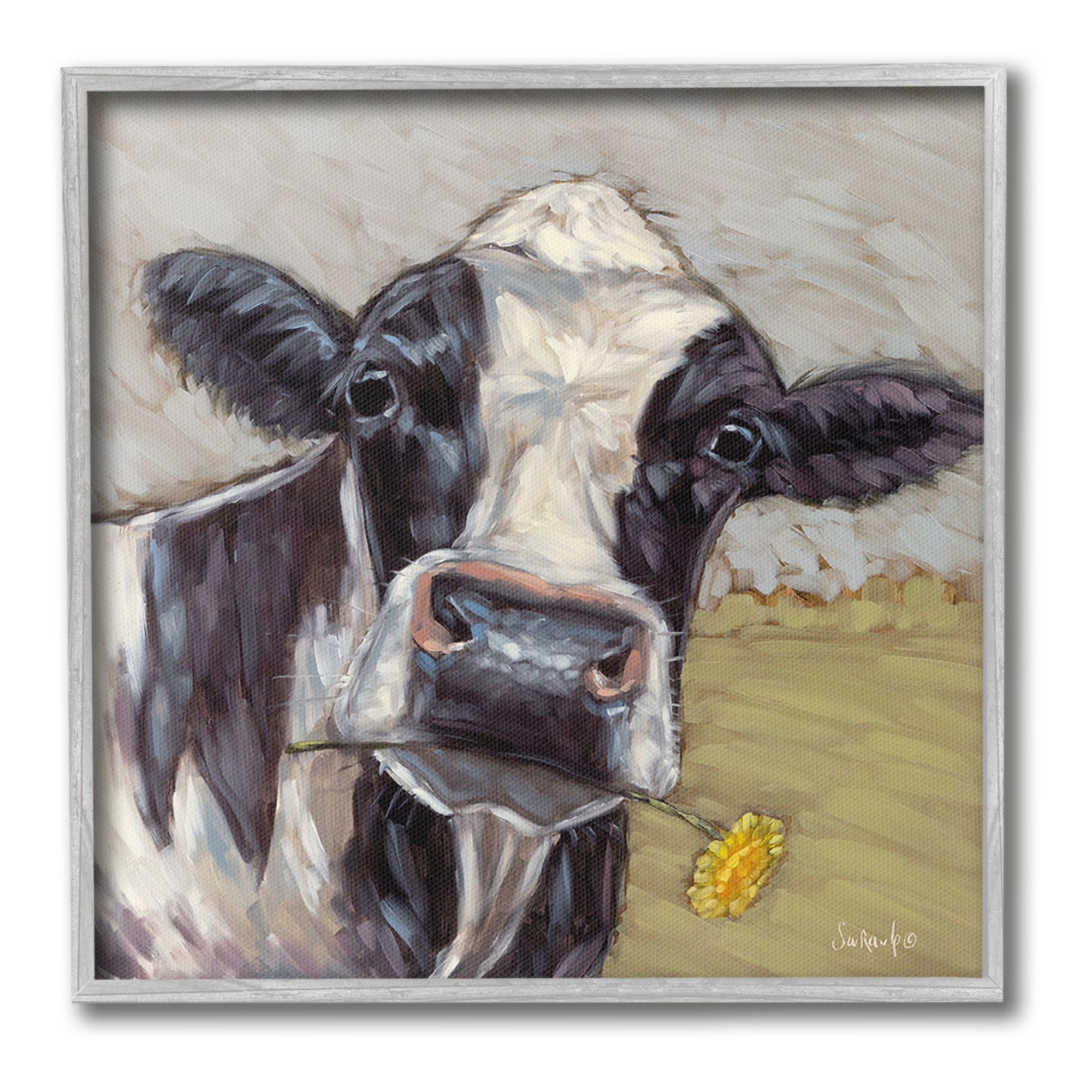 Stupell Industries Cow with Yellow Daisy Animals & Insects Painting Gray Framed Art Print Wall Art, 12 x 12
