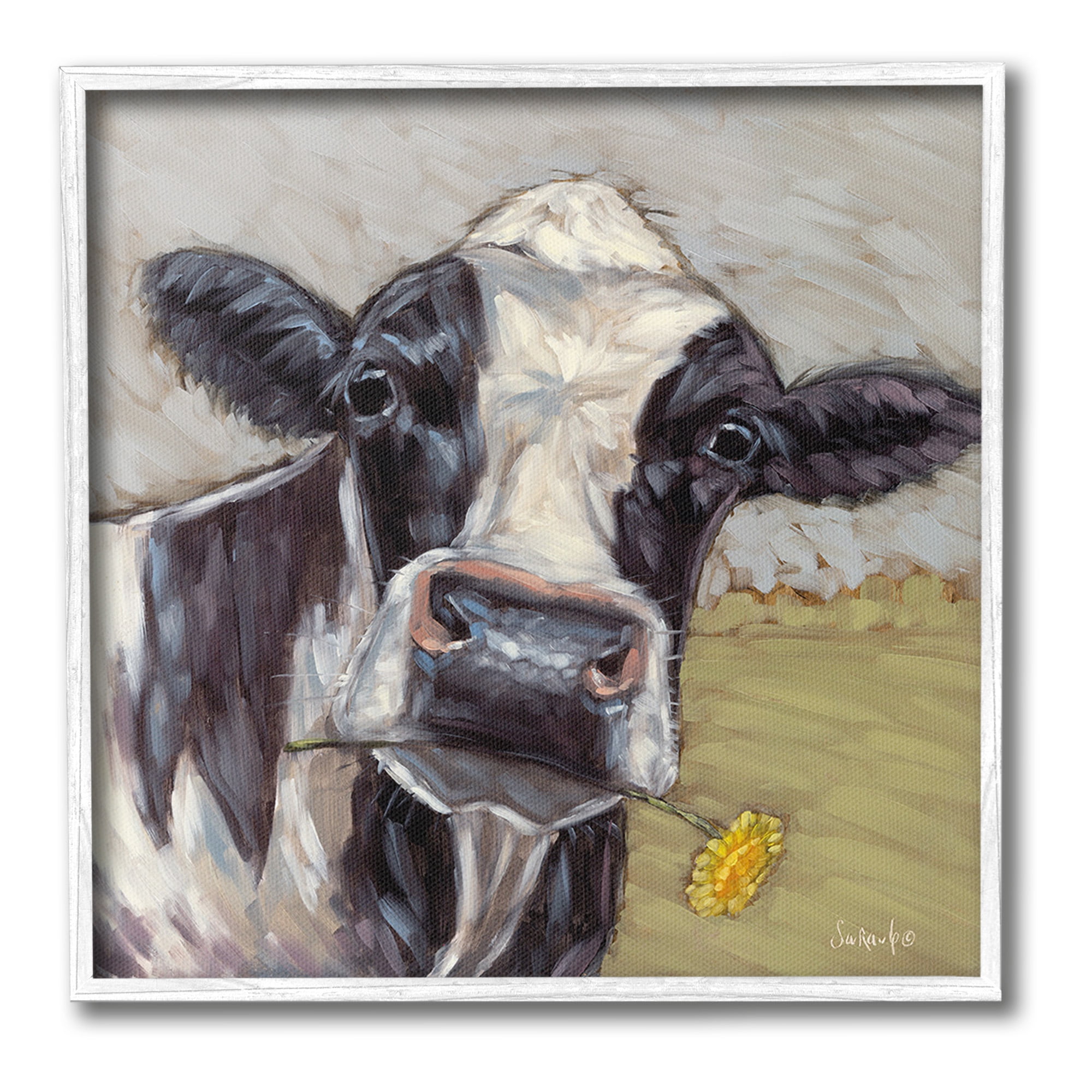 Stupell Industries Cow with Yellow Daisy Animals & Insects Painting White Framed Art Print Wall Art, 17 x 17