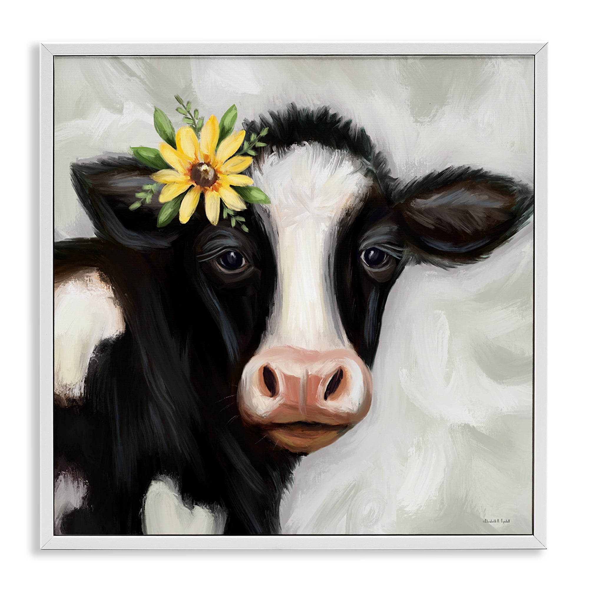 Stupell Industries Cow with Yellow Daisy Animals & Insects Painting White Framed Art Print Wall Art, 17 x 17