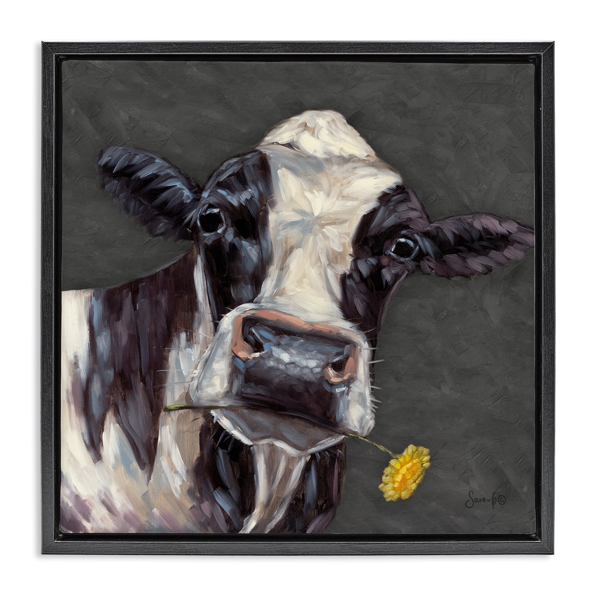 Stupell Industries Cow with Yellow Daisy Animals Painting Black Floater Framed Canvas Art Print Wall Art, 18 x 18