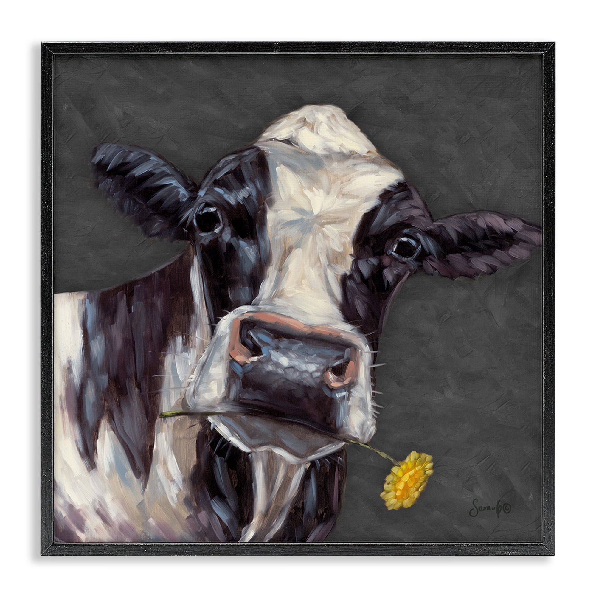 Stupell Industries Cow with Yellow Daisy Animals Painting Black Framed Art Print Wall Art, 24 x 24