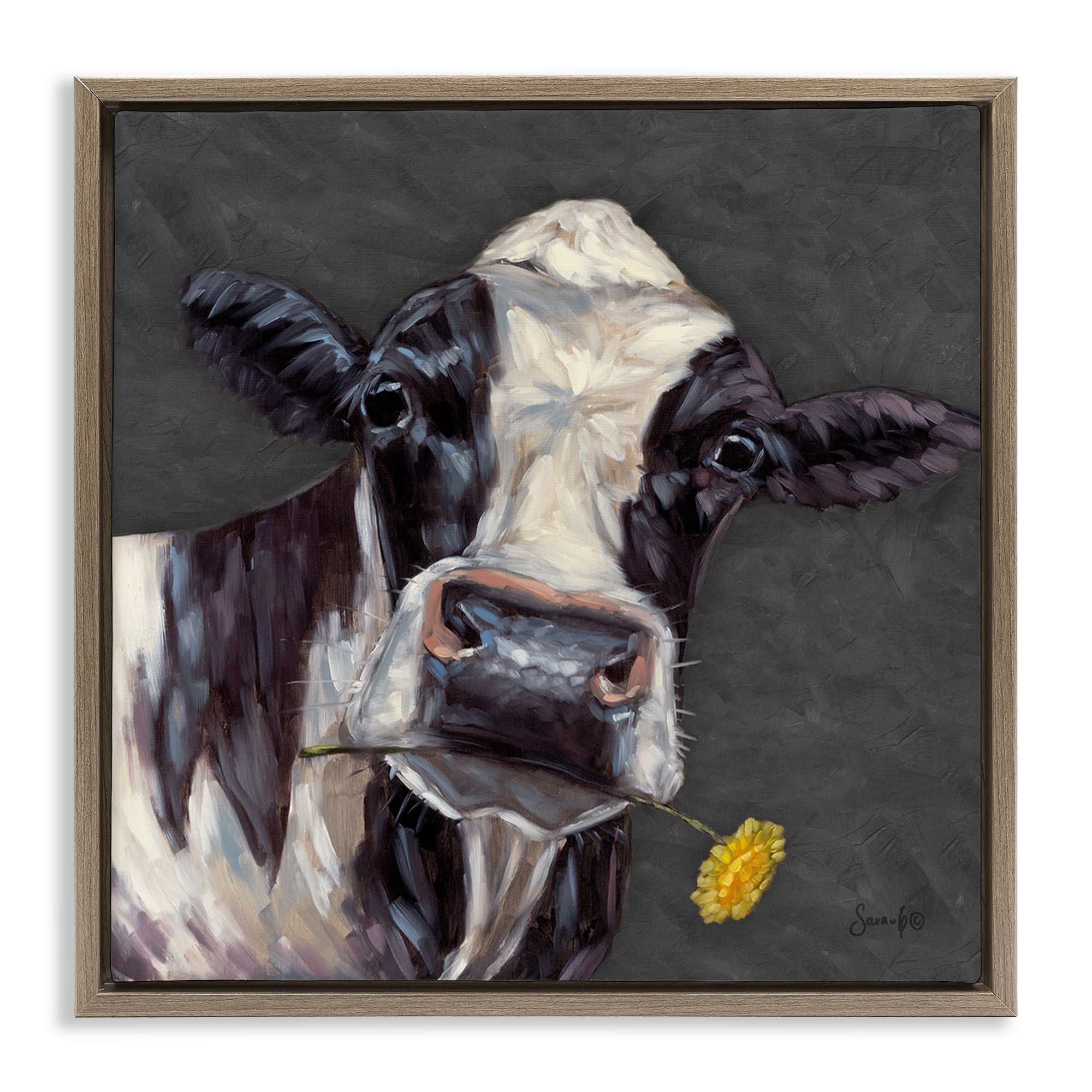 Stupell Industries Cow with Yellow Daisy Animals Painting Brown Floater Framed Canvas Art Print Wall Art, 18 x 18