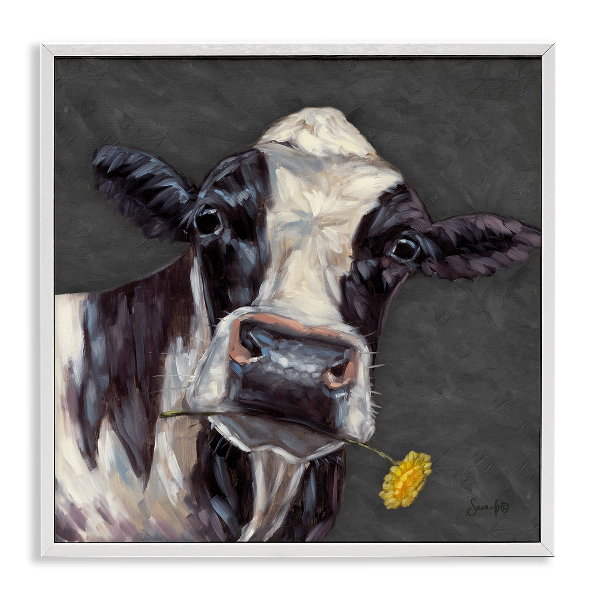 Stupell Industries Cow with Yellow Daisy Animals Painting White Framed Art Print Wall Art, 24 x 24