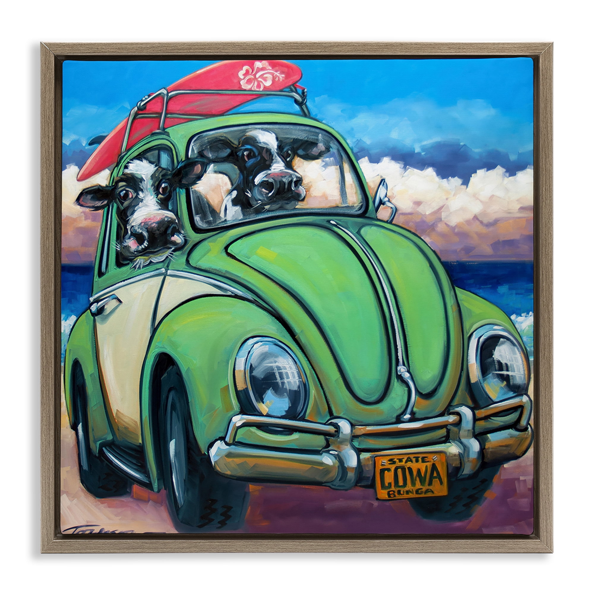 Stupell Industries Cowabunga Surfer Cows Brown Framed Floater Canvas Wall Art, design by CR Townsend