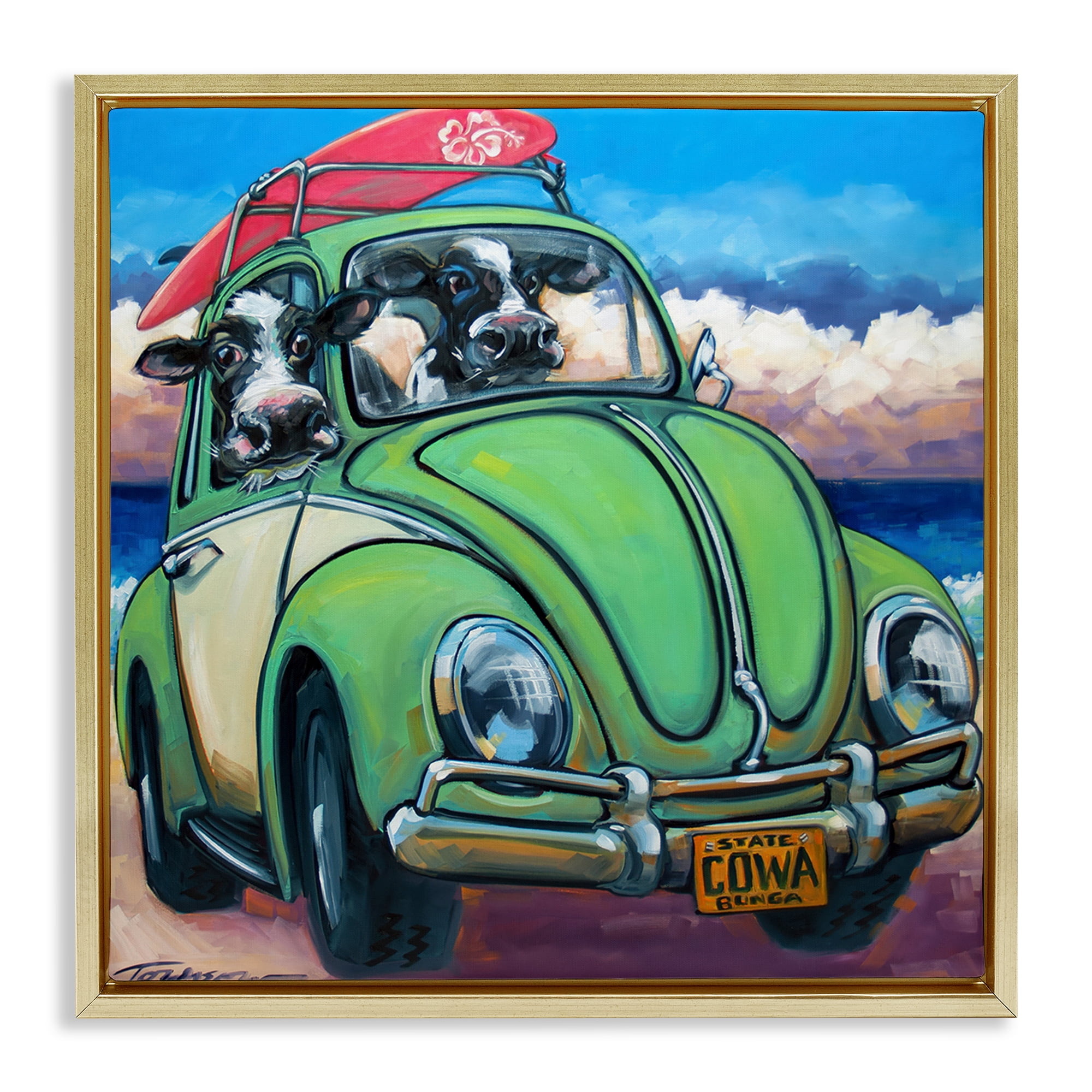 Stupell Industries Cowabunga Surfer Cows Gold Framed Floater Canvas Wall Art, design by CR Townsend