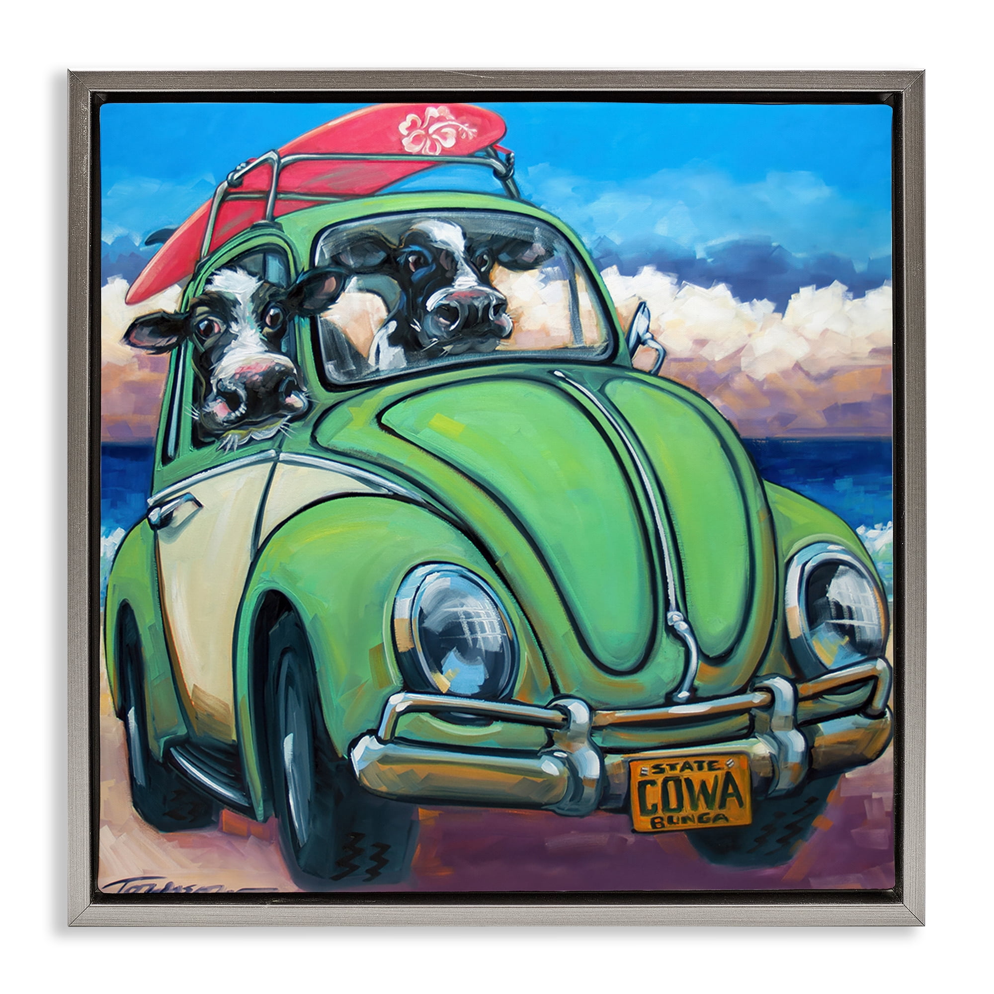 Stupell Industries Cowabunga Surfer Cows Gray Framed Floater Canvas Wall Art, design by CR Townsend