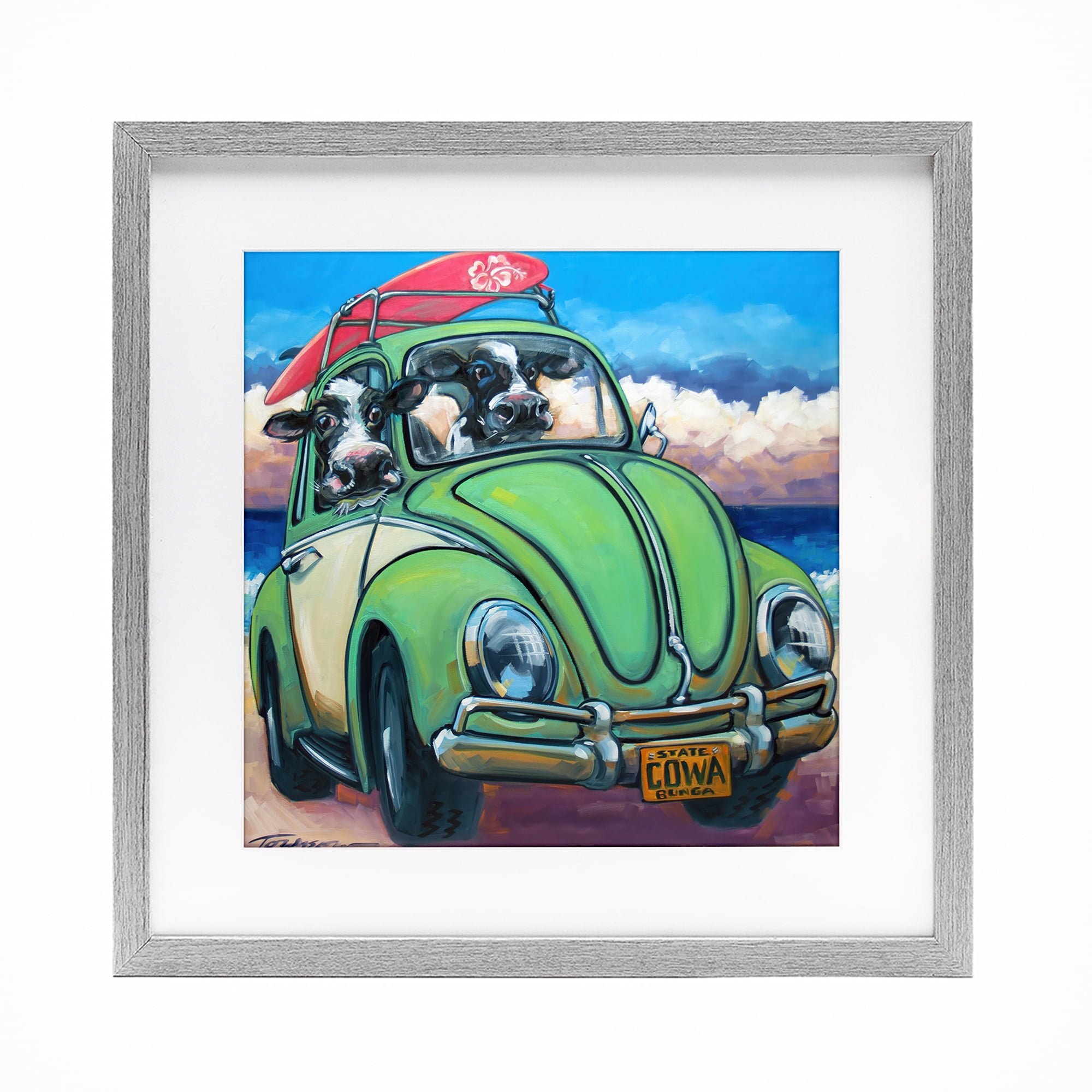 Stupell Industries Cowabunga Surfer Cows Gray Framed Print Under Glass, design by CR Townsend