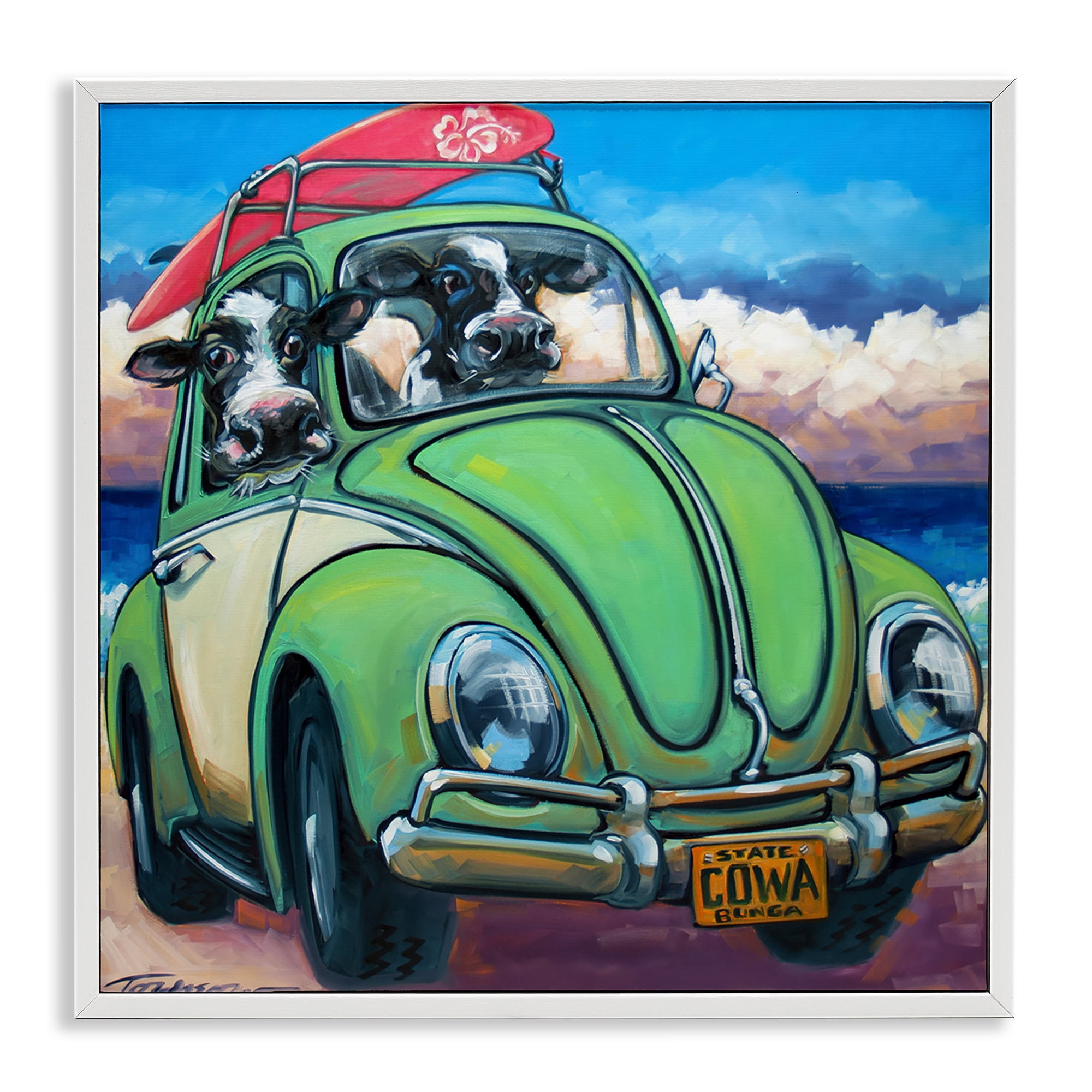 Stupell Industries Cowabunga Surfer Cows White Framed Giclee Art, design by CR Townsend