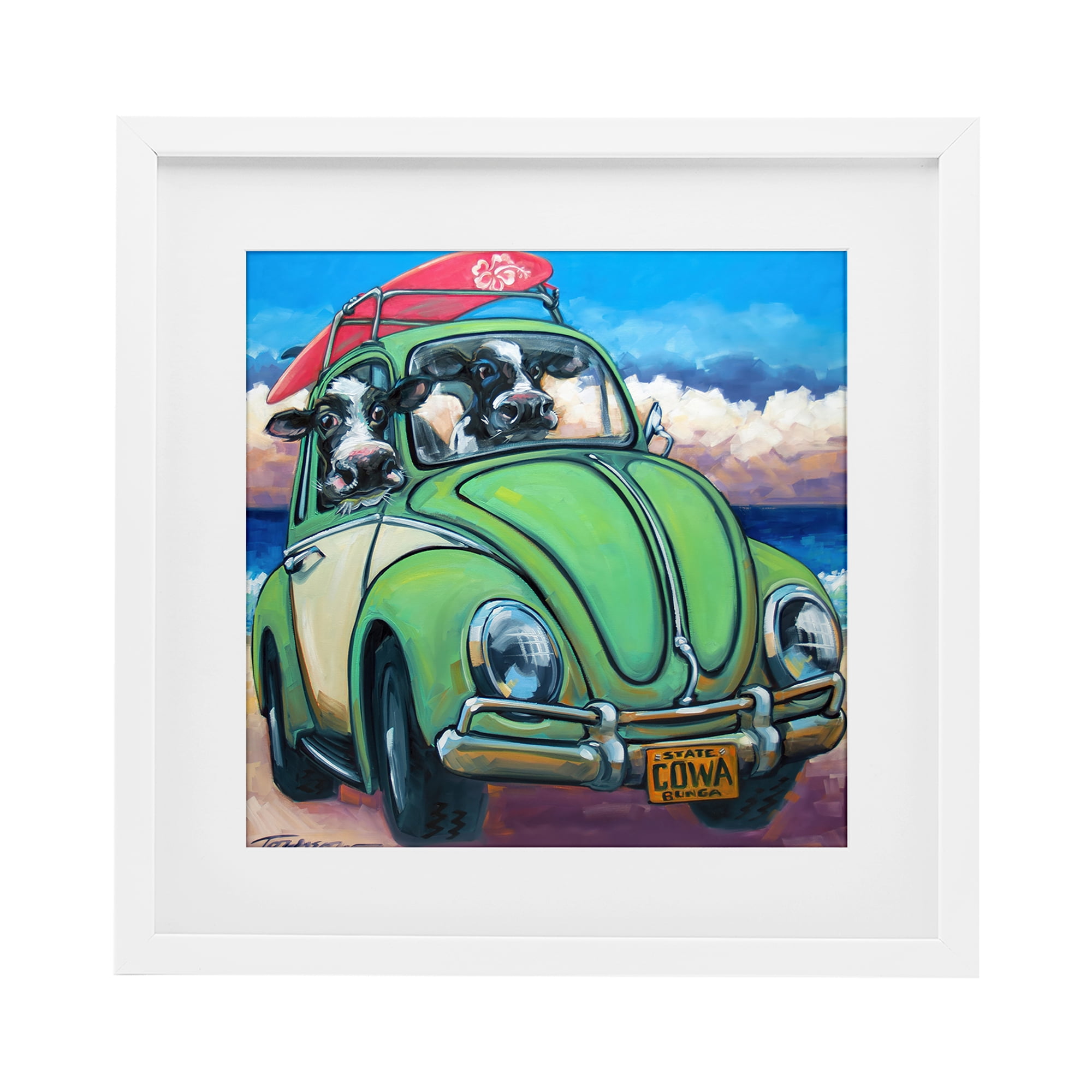Stupell Industries Cowabunga Surfer Cows White Framed Print Under Glass, design by CR Townsend