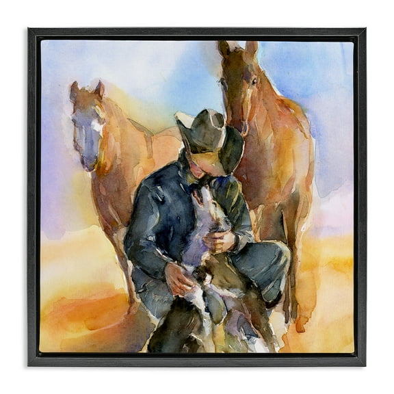 Stupell Industries Cowboy & Animals Watercolor Animals & Insects Painting Black Floater Framed Canvas Art Print Wall Art, 18 x 18