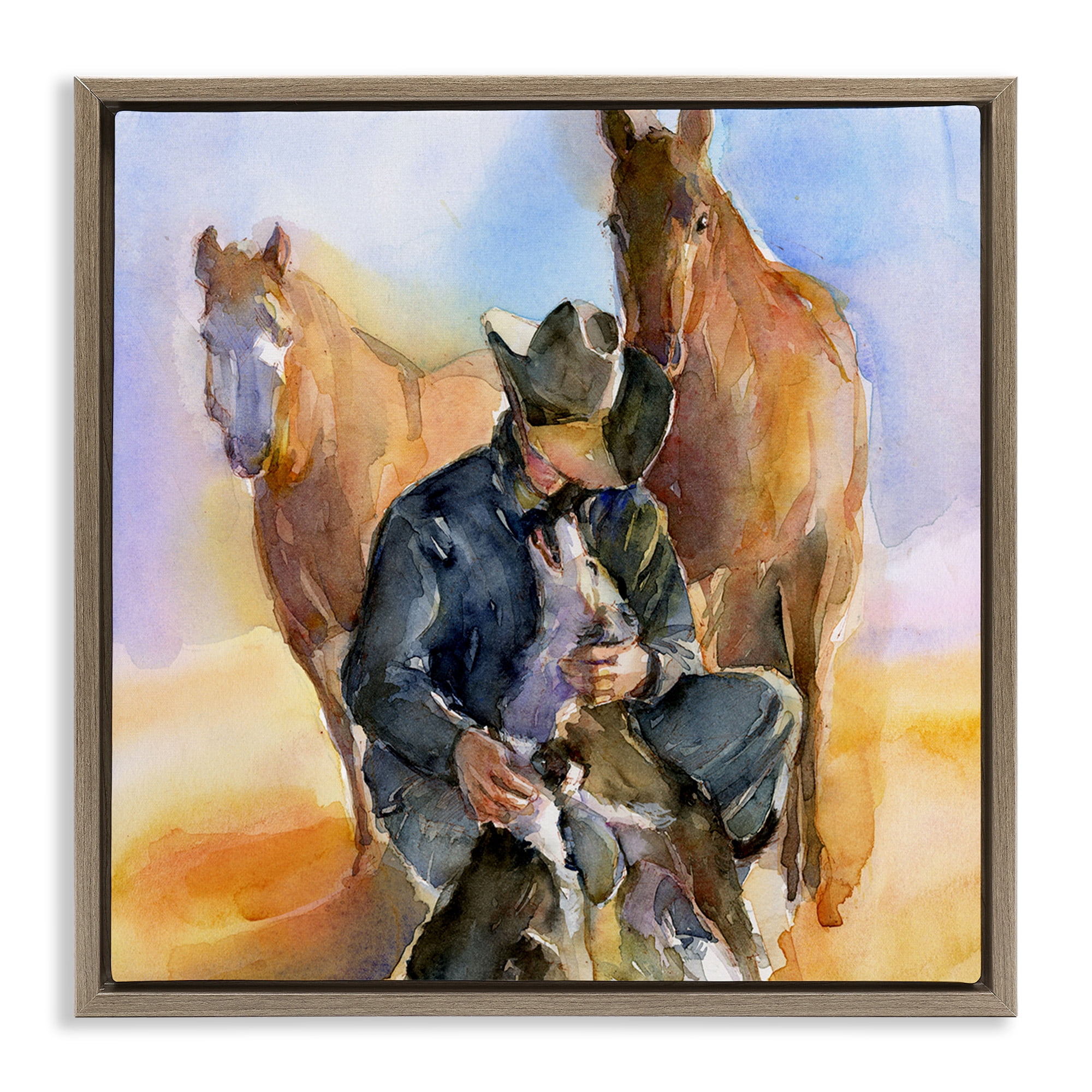 Stupell Industries Cowboy & Animals Watercolor Animals & Insects Painting Brown Floater Framed Canvas Art Print Wall Art, 18 x 18