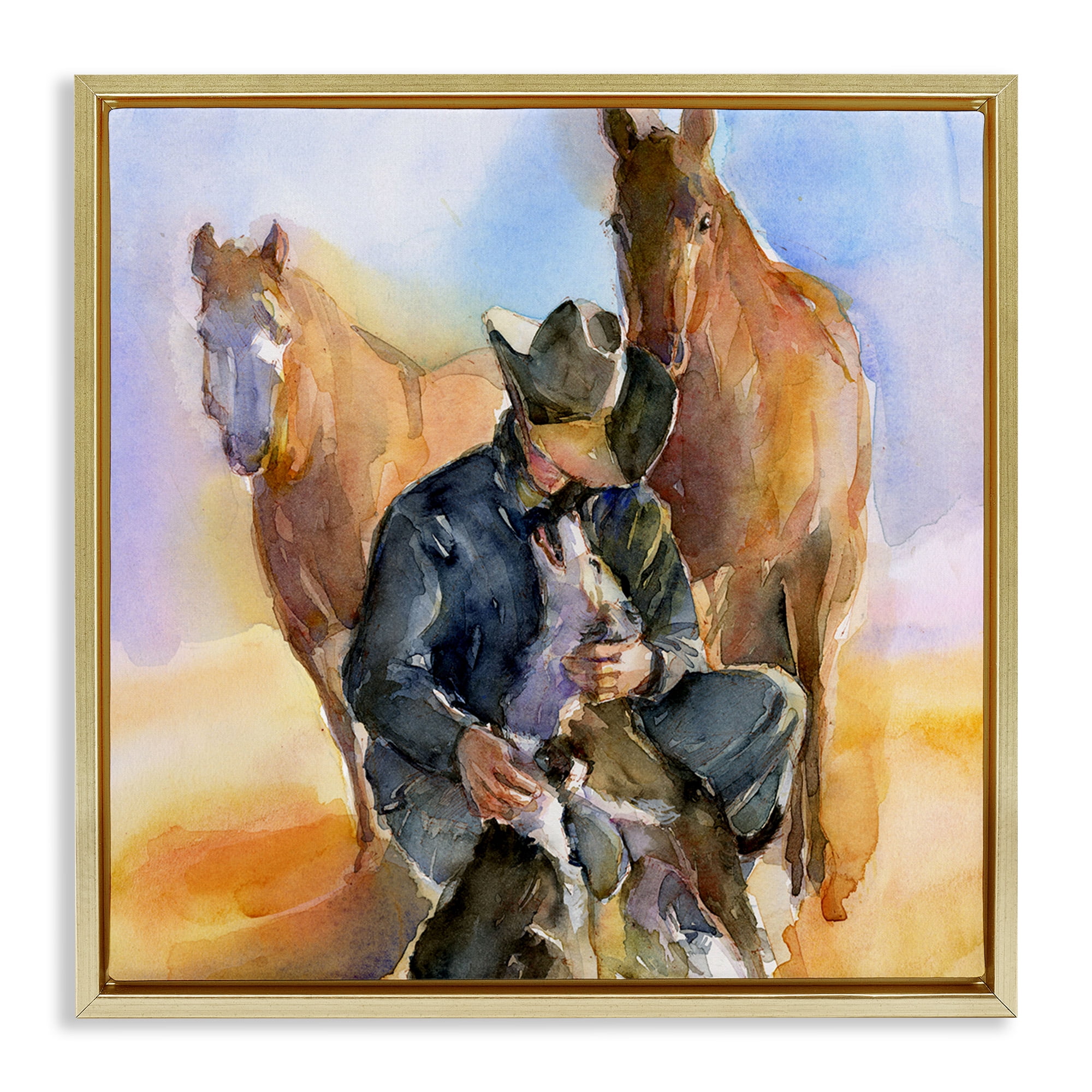 Stupell Industries Cowboy & Animals Watercolor Animals & Insects Painting Gold Floater Framed Canvas Art Print Wall Art, 25 x 25