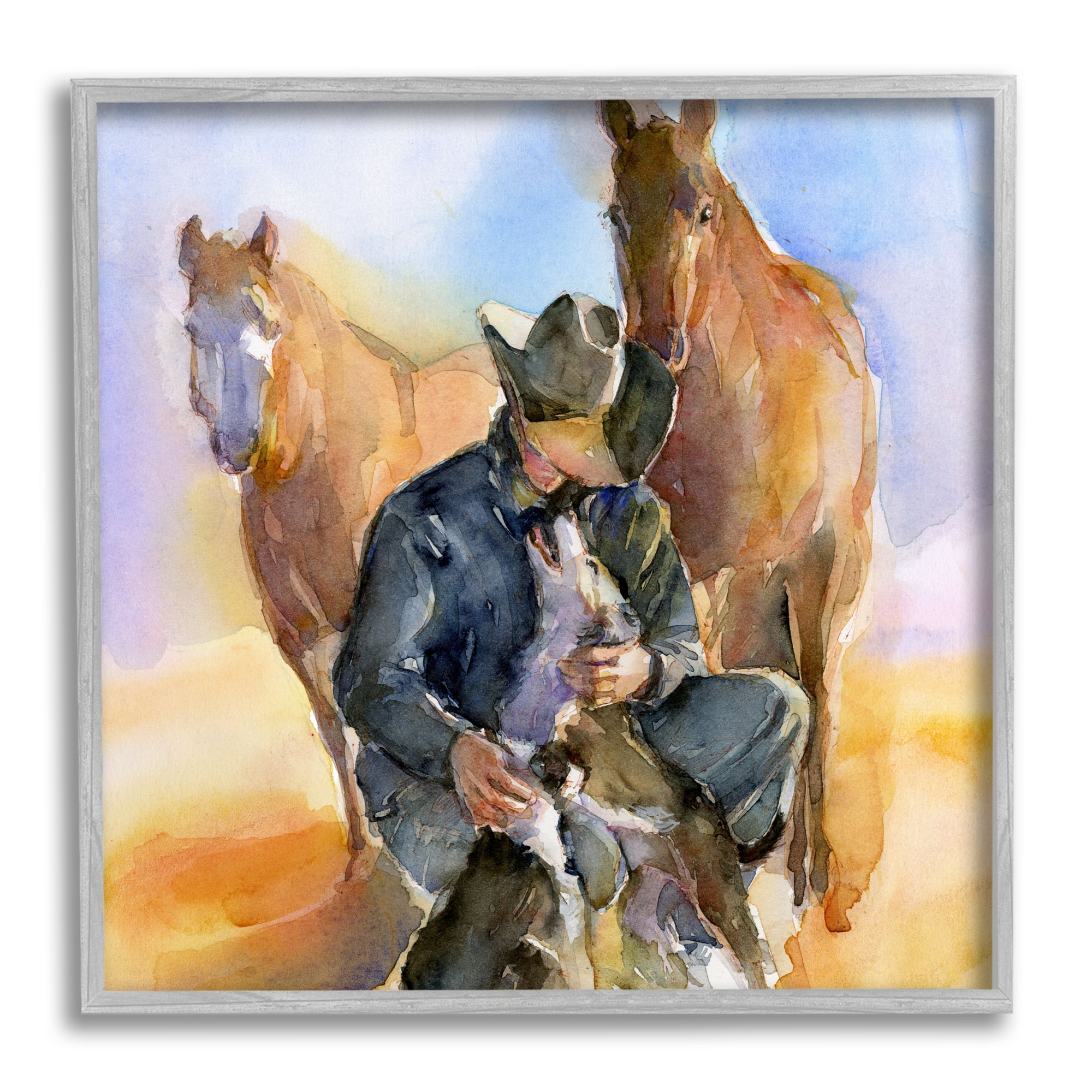 Stupell Industries Cowboy & Animals Watercolor Animals & Insects Painting Gray Framed Art Print Wall Art, 17 x 17