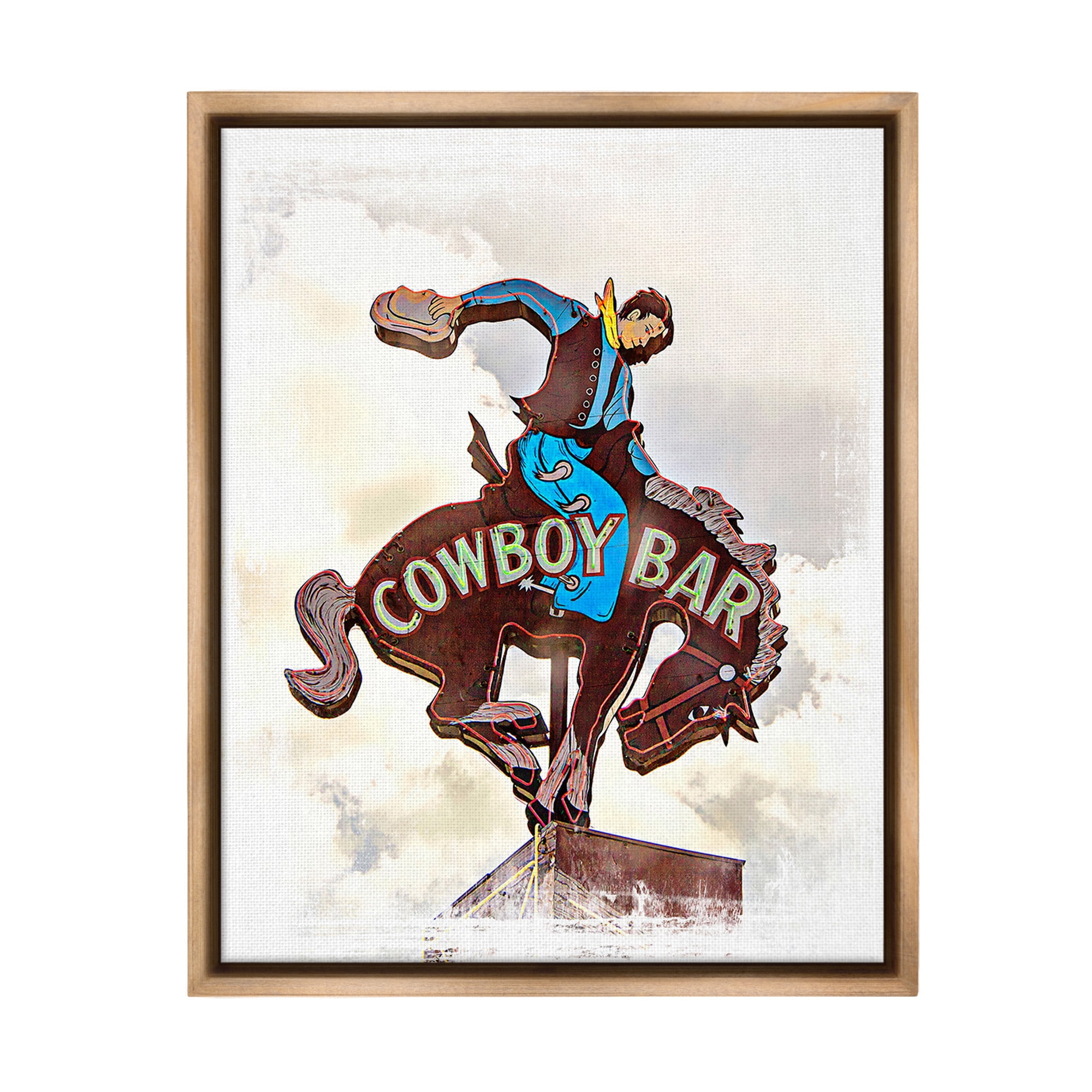 Stupell Industries Cowboy Bar Sign Typography Painting Brown Floater Framed Canvas Art Print Wall Art, 25 x 31