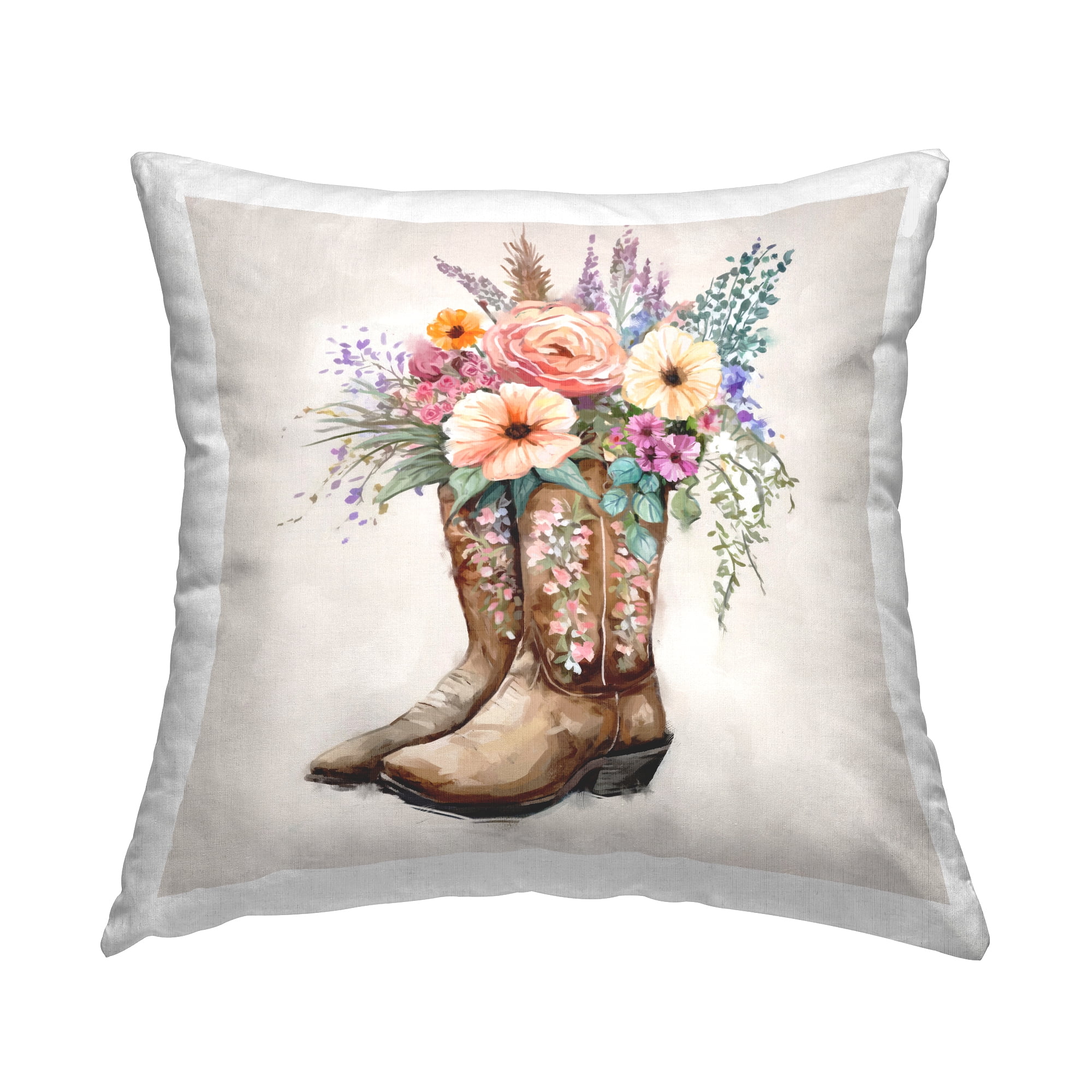 Stupell Industries Cowboy Boot Floral Garden Bouquet Square Decorative Printed Throw Pillow, 18 x 18,
