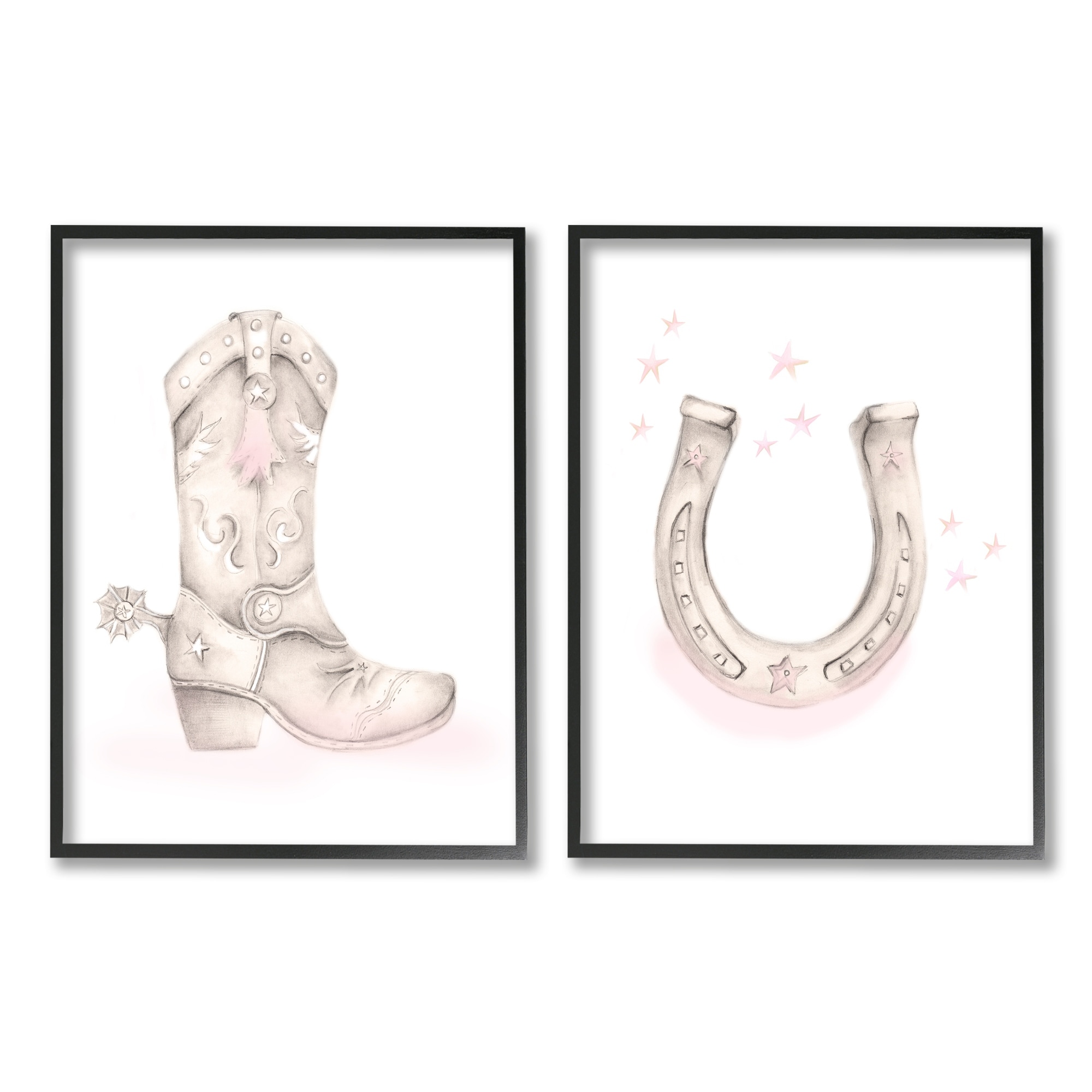 Stupell Industries Cowboy Boot Pink Stars Horseshoe Western Theme Graphic Art Black Framed Art Print Wall Art, Set of 2, Design by Studio Q