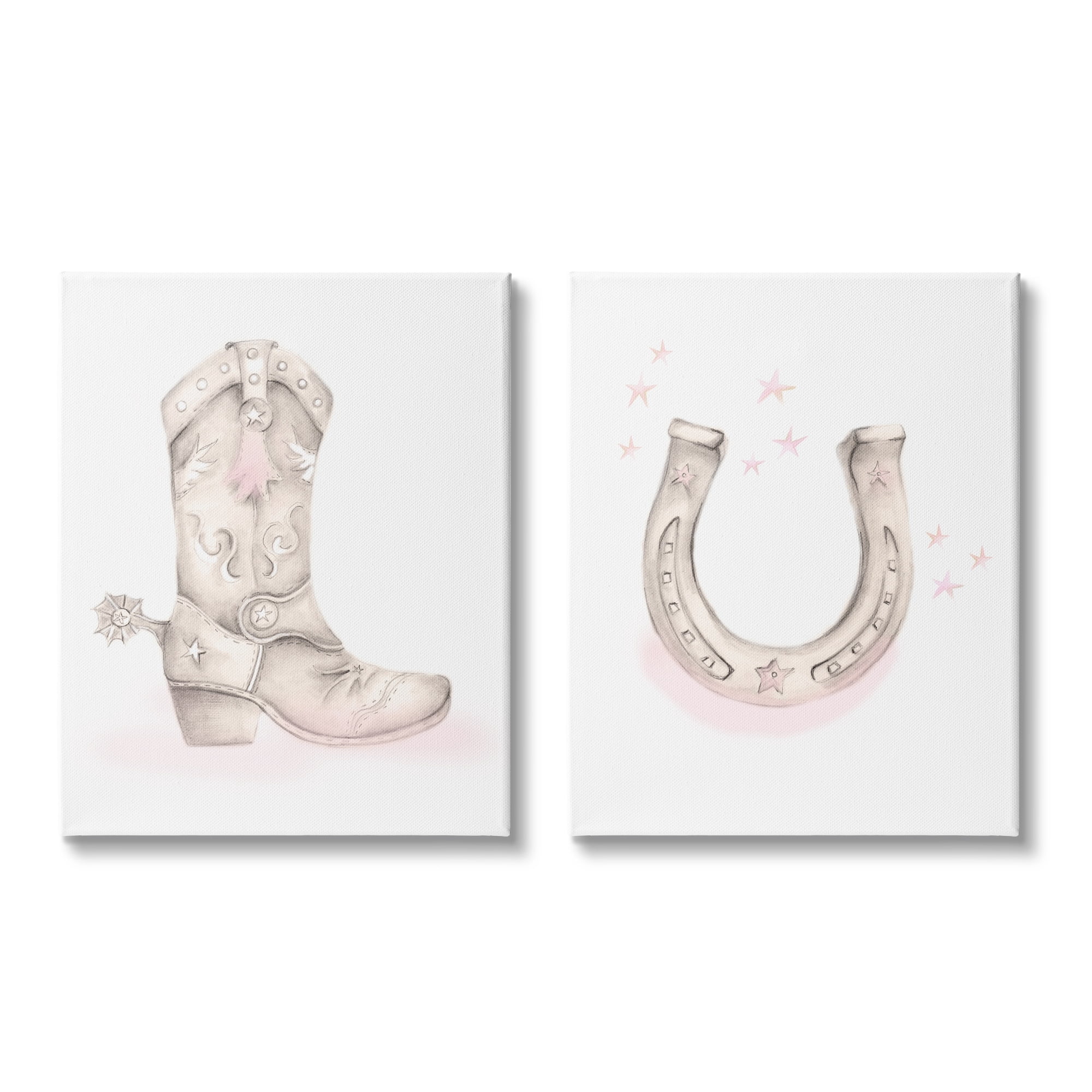 Stupell Industries Cowboy Boot Pink Stars Horseshoe Western Theme Graphic Art Gallery Wrapped Canvas Print Wall Art, Set of 2, Design by Studio Q