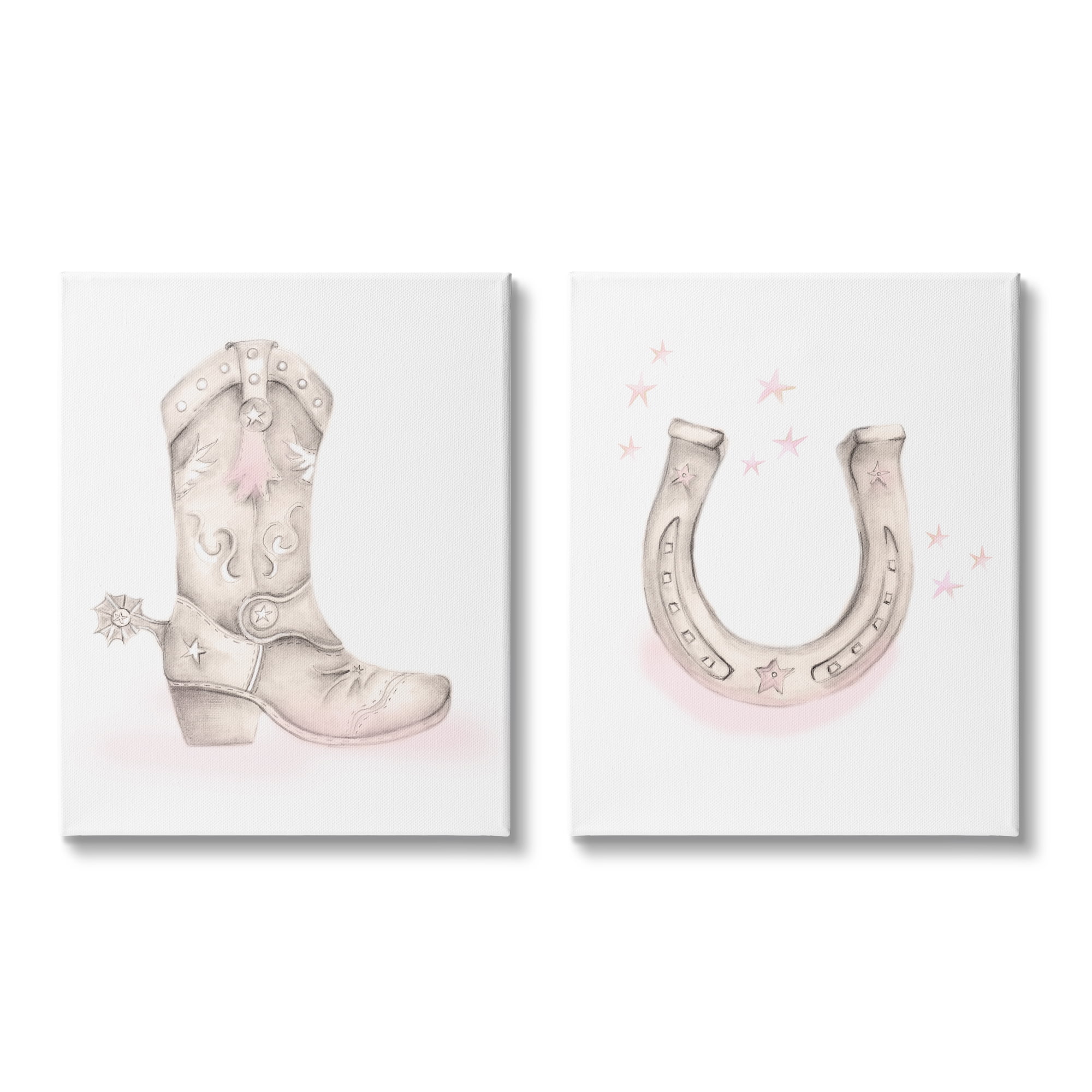 Stupell Industries Cowboy Boot Pink Stars Horseshoe Western Theme Graphic Art Gallery Wrapped Canvas Print Wall Art, Set of 2, Design by Studio Q