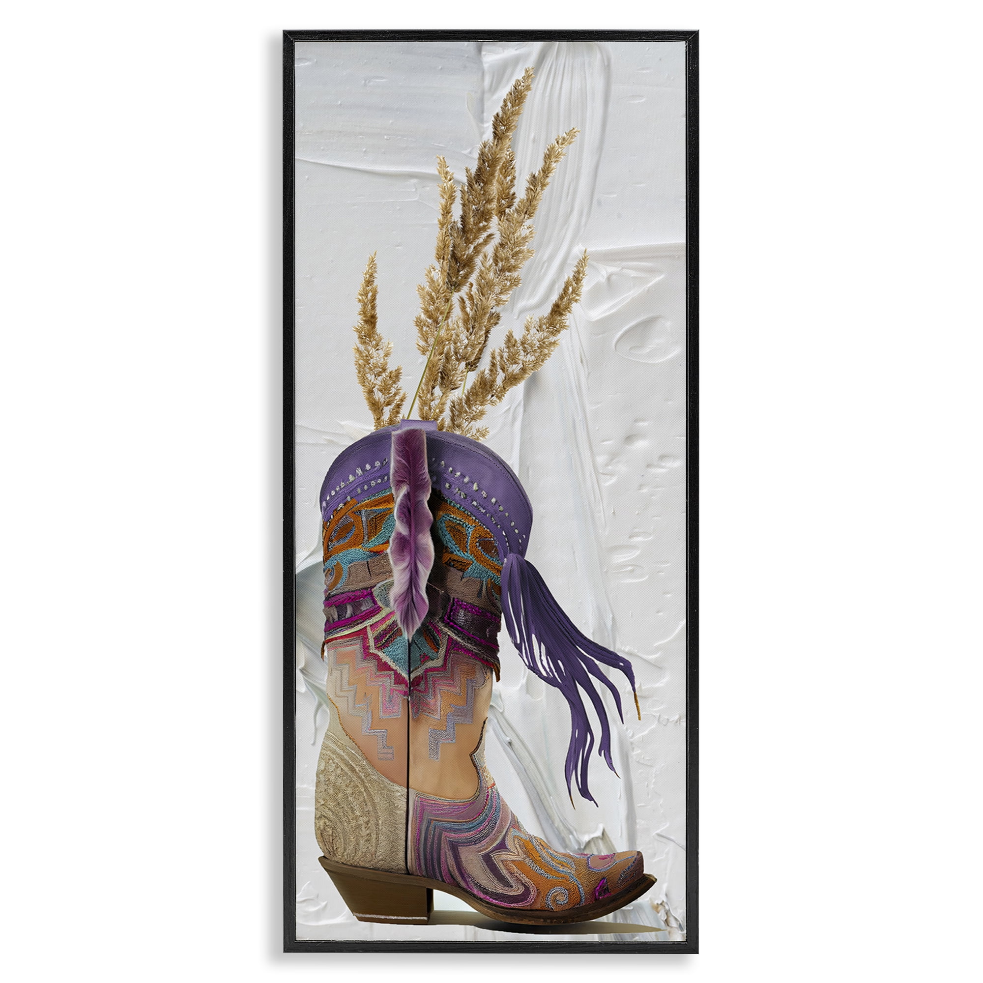 Stupell Industries Cowboy Boot & Wheat Botanical & Floral Painting Black Framed Art Print Wall Art, 13 x 30