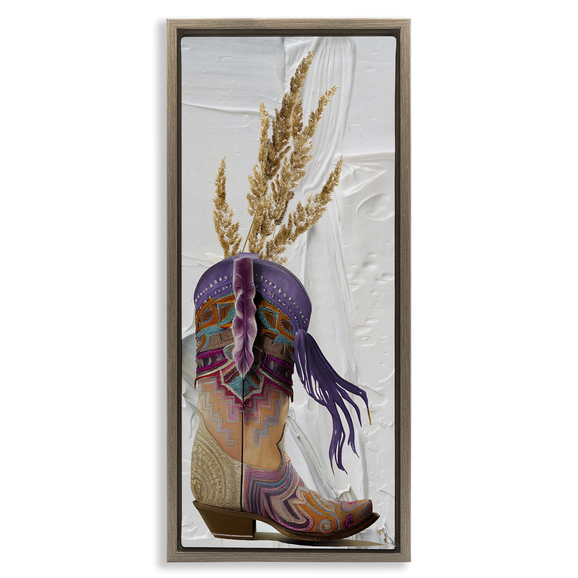 Stupell Industries Cowboy Boot & Wheat Botanical & Floral Painting Brown Floater Framed Canvas Art Print Wall Art, 11 x 25