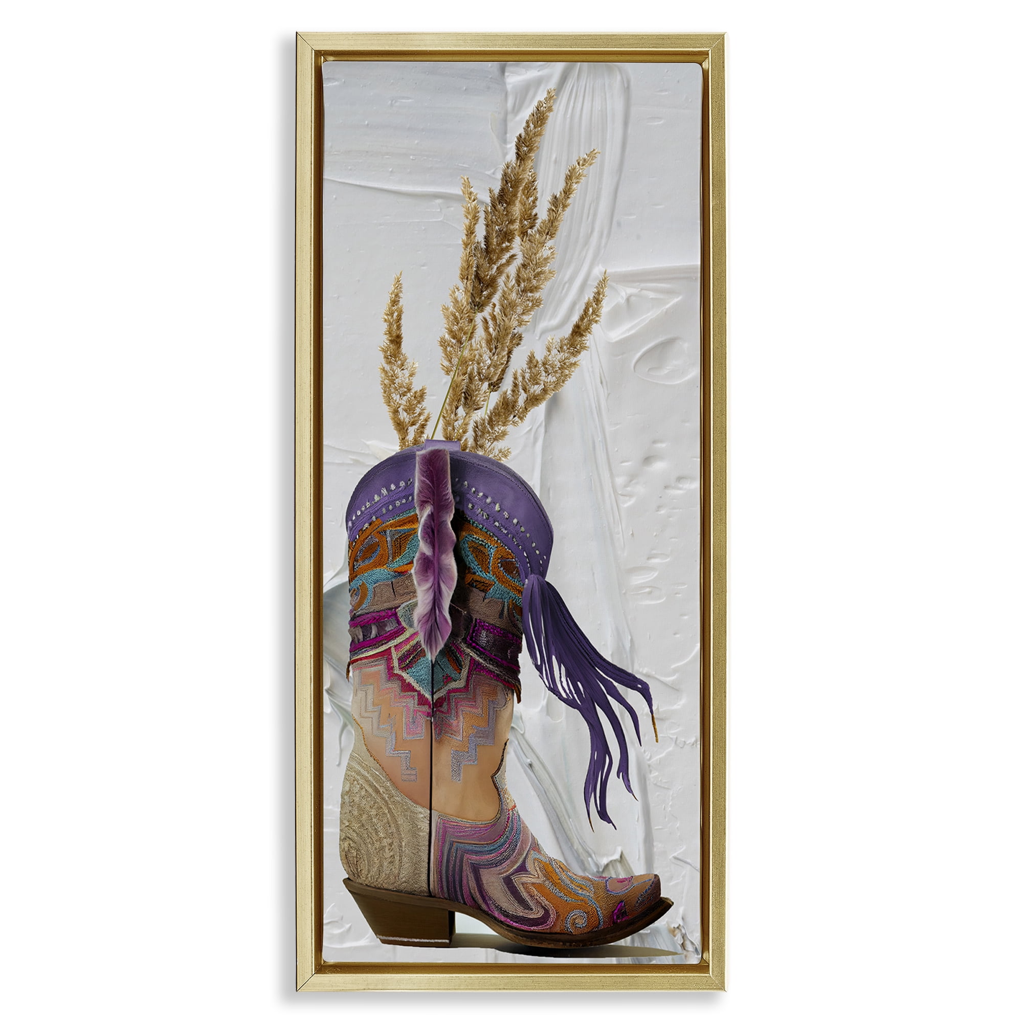 Stupell Industries Cowboy Boot & Wheat Botanical & Floral Painting Gold Floater Framed Canvas Art Print Wall Art, 15 x 31