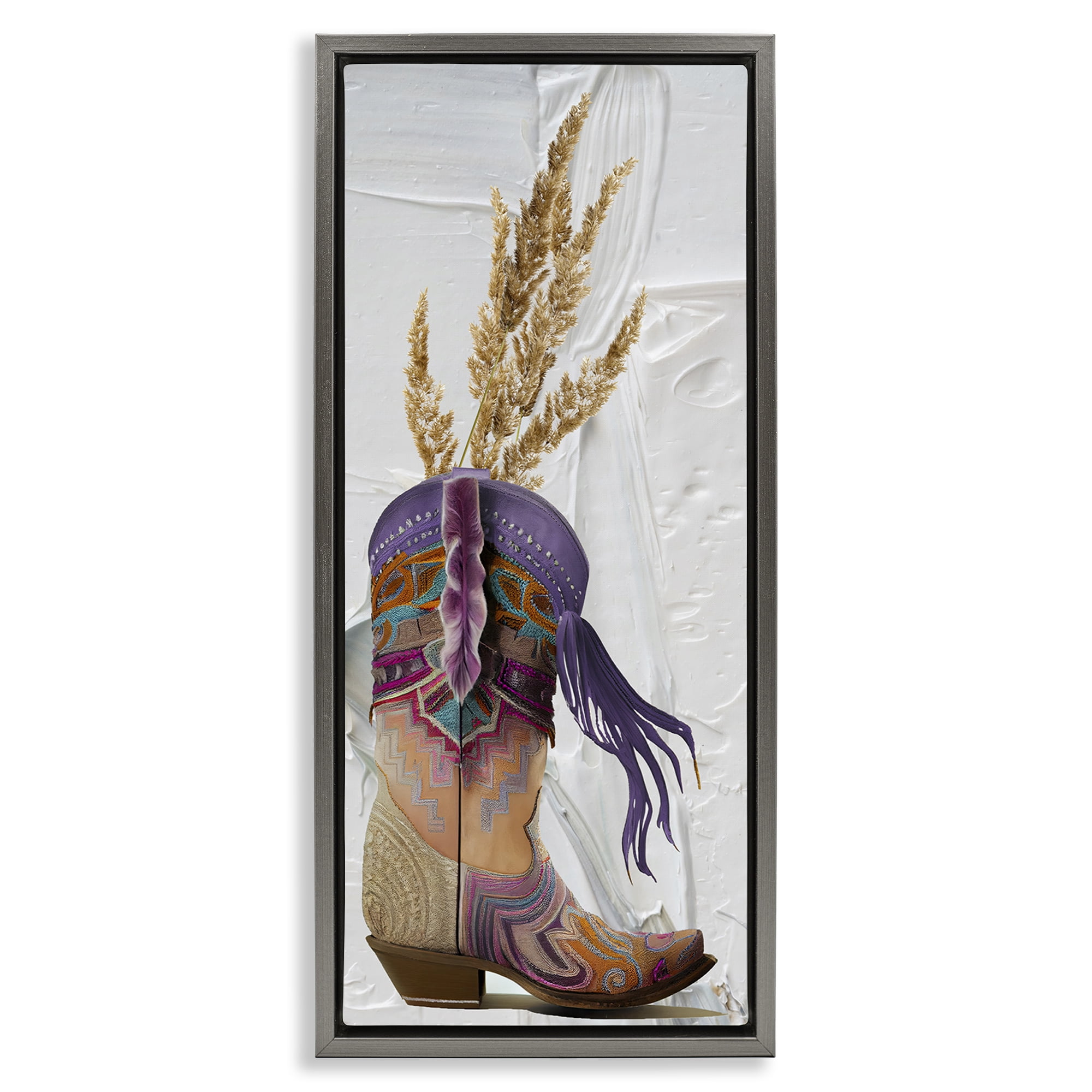 Stupell Industries Cowboy Boot & Wheat Botanical & Floral Painting Gray Floater Framed Canvas Art Print Wall Art, 15 x 31