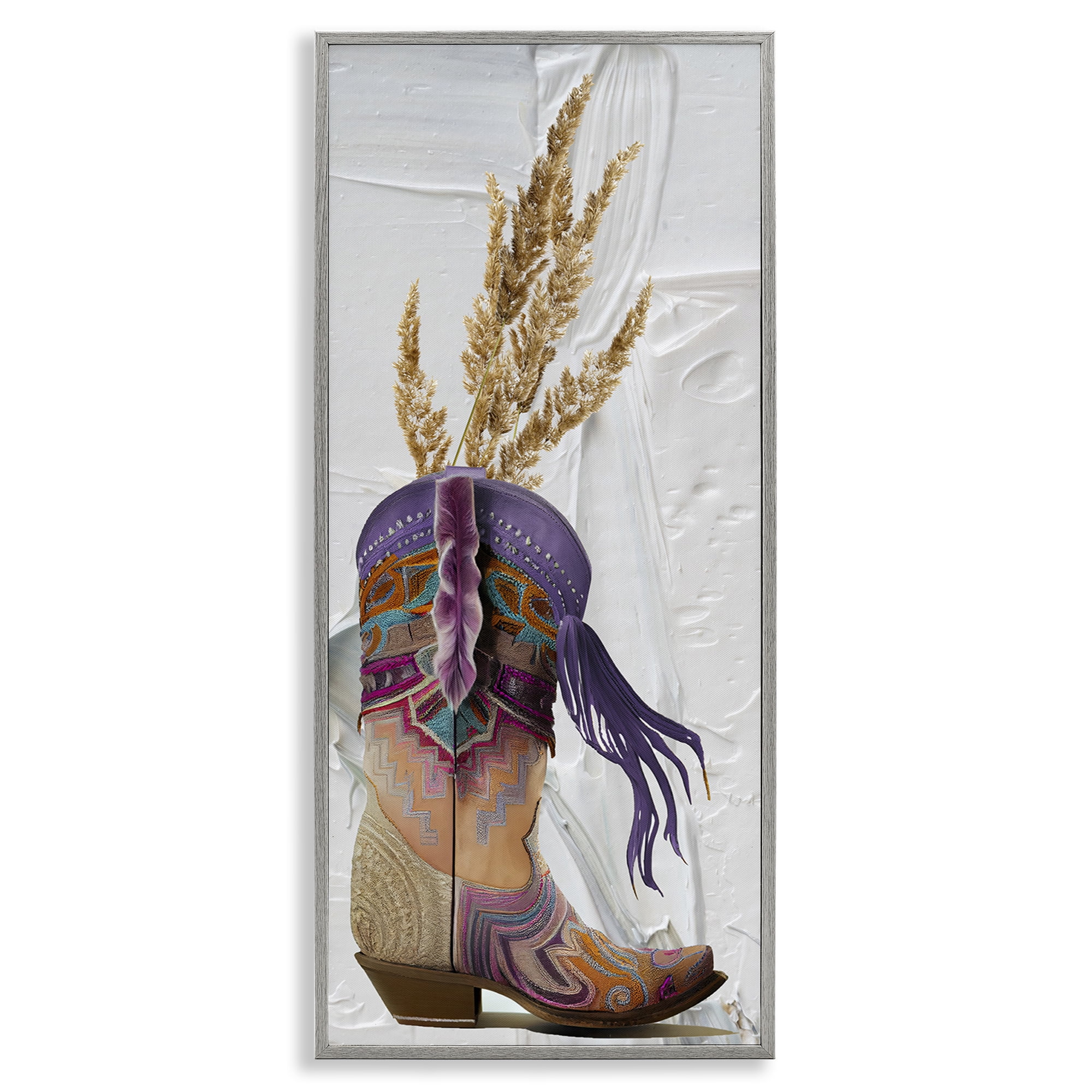Stupell Industries Cowboy Boot & Wheat Botanical & Floral Painting Gray Framed Art Print Wall Art, 13 x 30