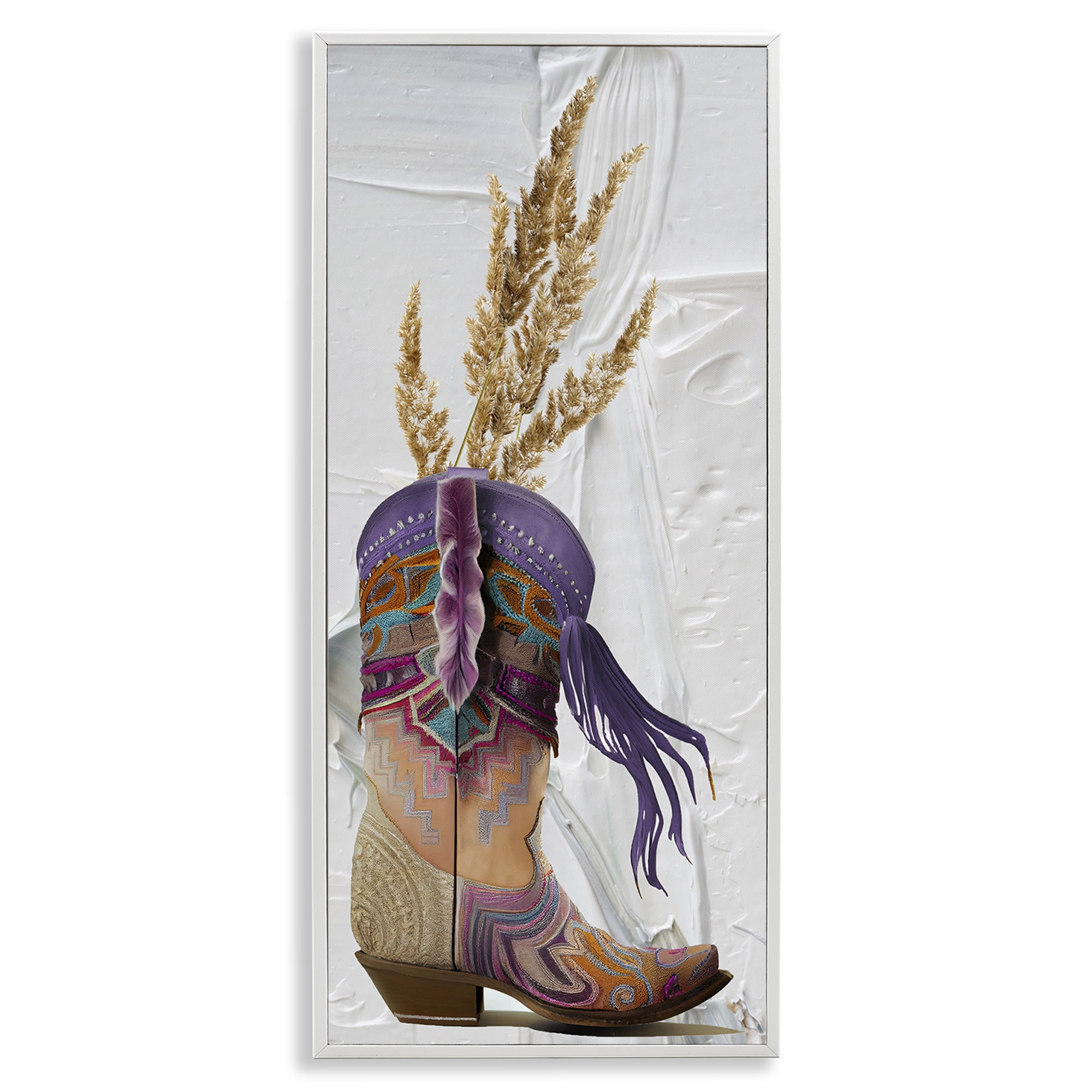 Stupell Industries Cowboy Boot & Wheat Botanical & Floral Painting White Framed Art Print Wall Art, 13 x 30