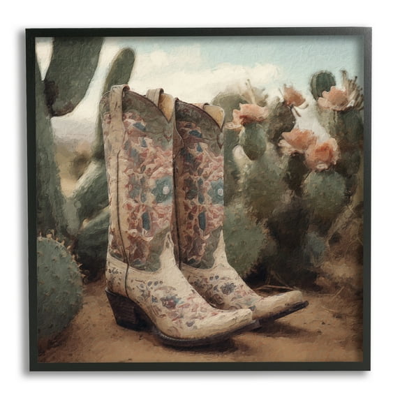 Stupell Industries Cowboy Boots & Cactus Beauty & Fashion Painting Black Framed Art Print Wall Art, 12 x 12