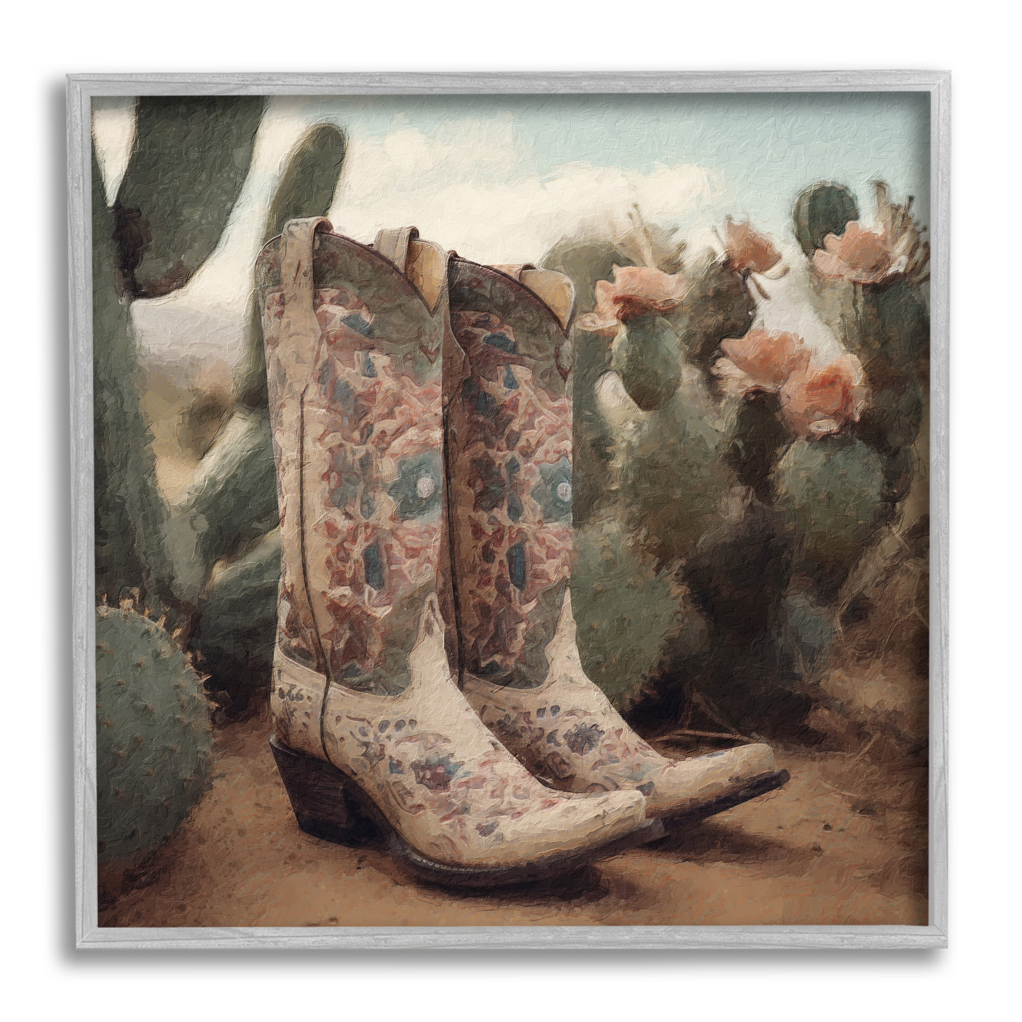 Stupell Industries Cowboy Boots & Cactus Beauty & Fashion Painting Gray Framed Art Print Wall Art, 24 x 24