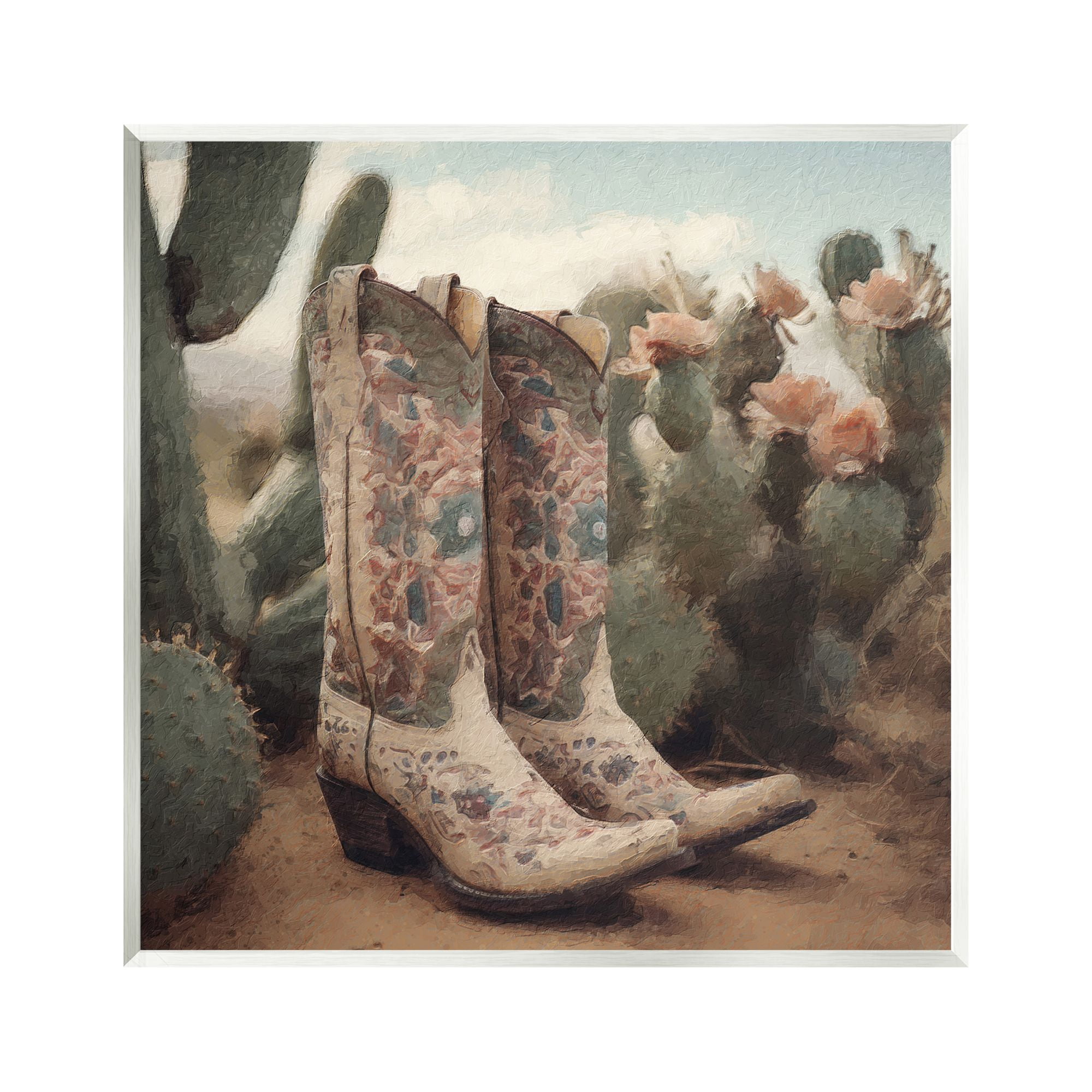Cowboy Boots and Cactus Art Print on MDF Wood