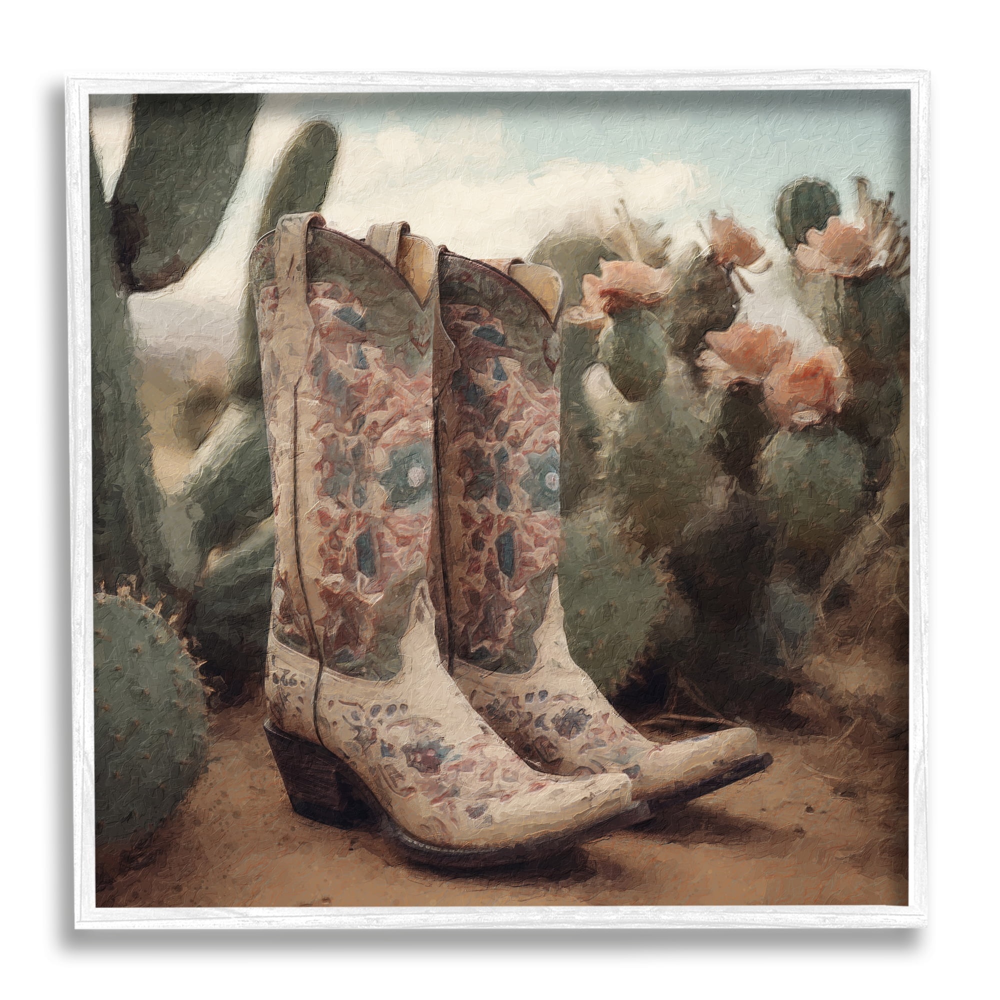 Stupell Industries Cowboy Boots & Cactus Beauty & Fashion Painting White Framed Art Print Wall Art, 12 x 12