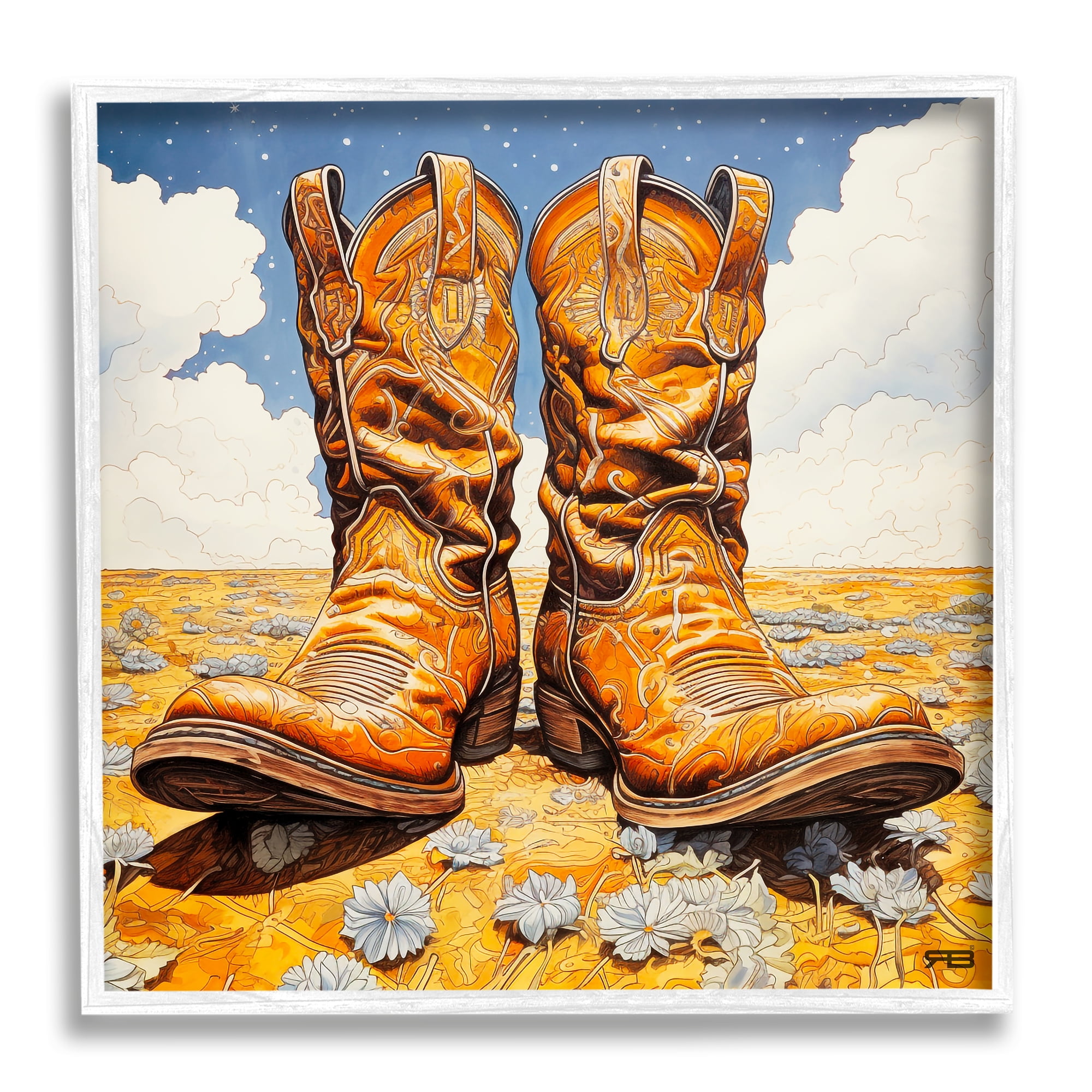 Stupell Industries Cowboy Boots Cloudy Landscape Landscape Painting White Framed Art Print Wall Art, 24 x 24