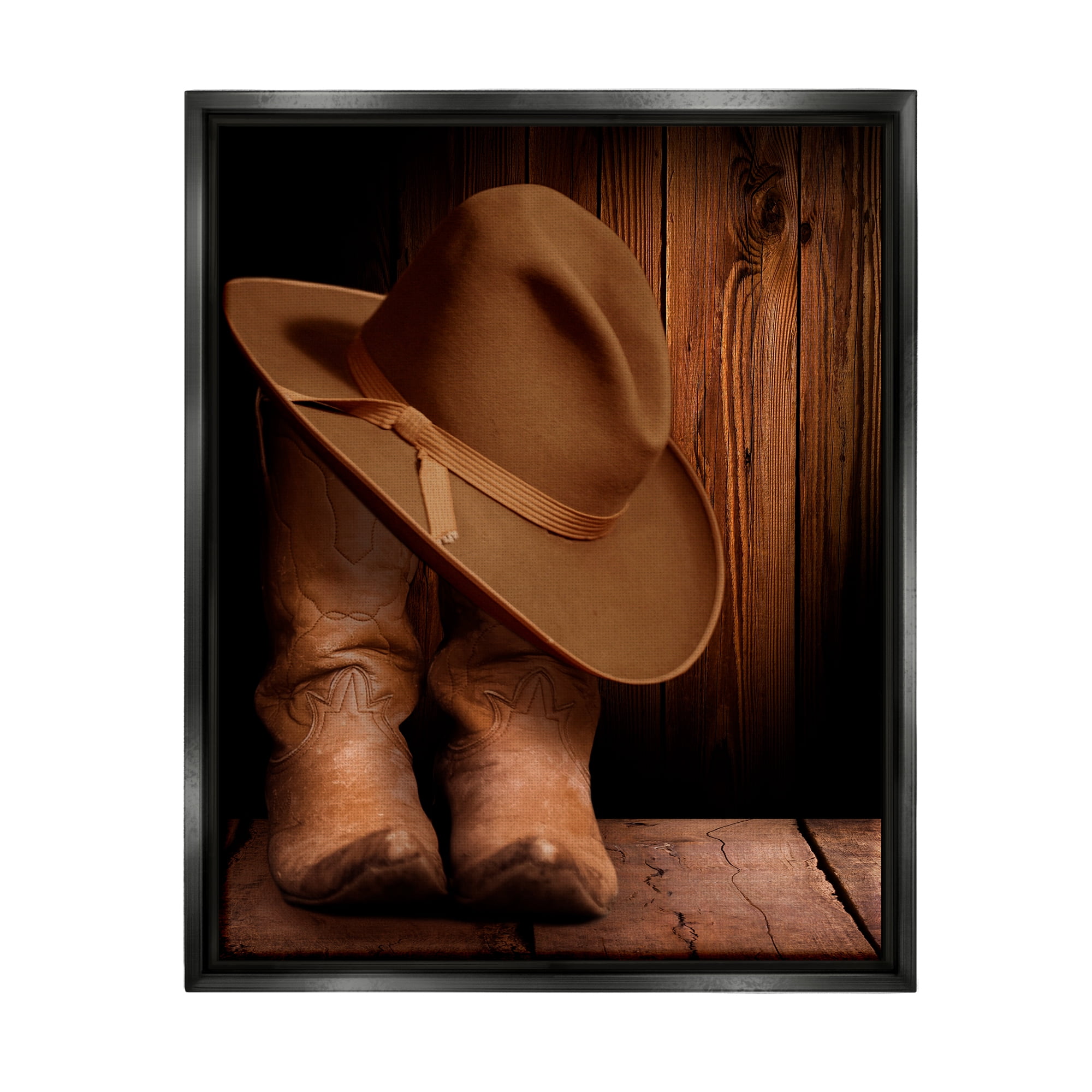 Stupell Industries Cowboy Boots & Hat Literature & Flim Photography Black Floater Framed Canvas Art Print Wall Art, 17 x 21