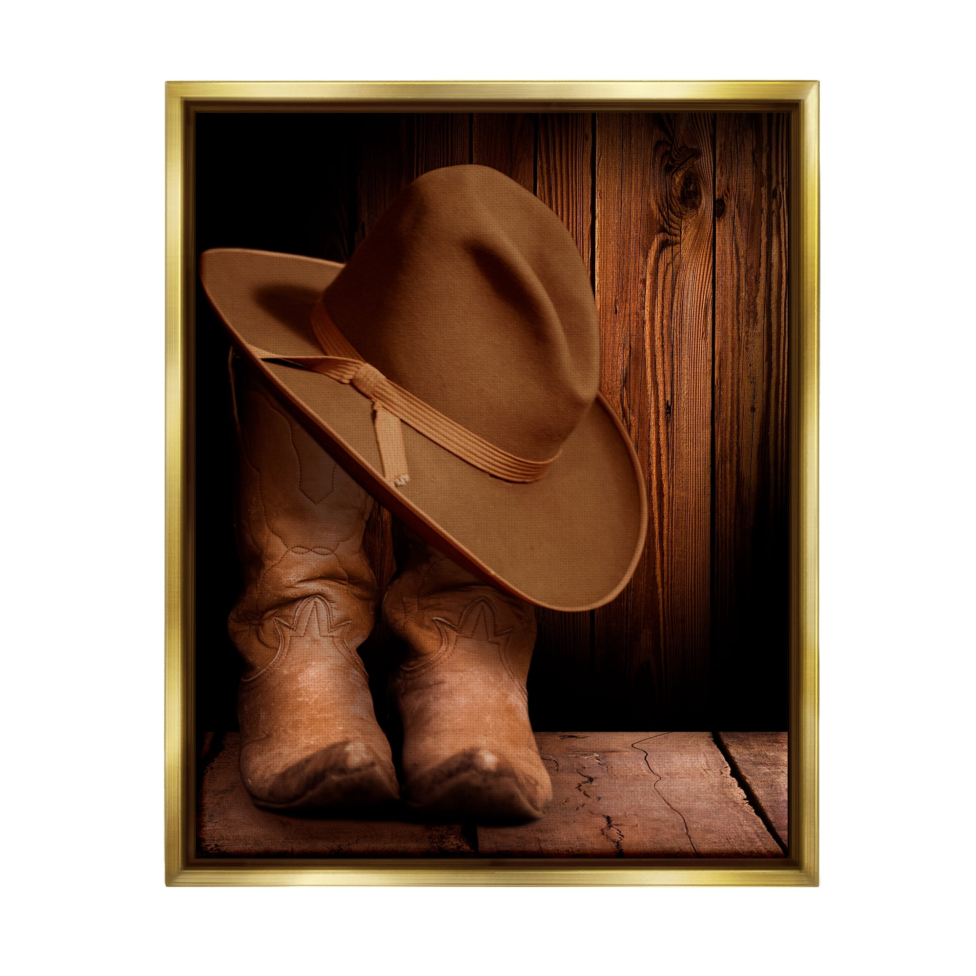 Stupell Industries Cowboy Boots & Hat Literature & Flim Photography Gold Floater Framed Canvas Art Print Wall Art, 17 x 21