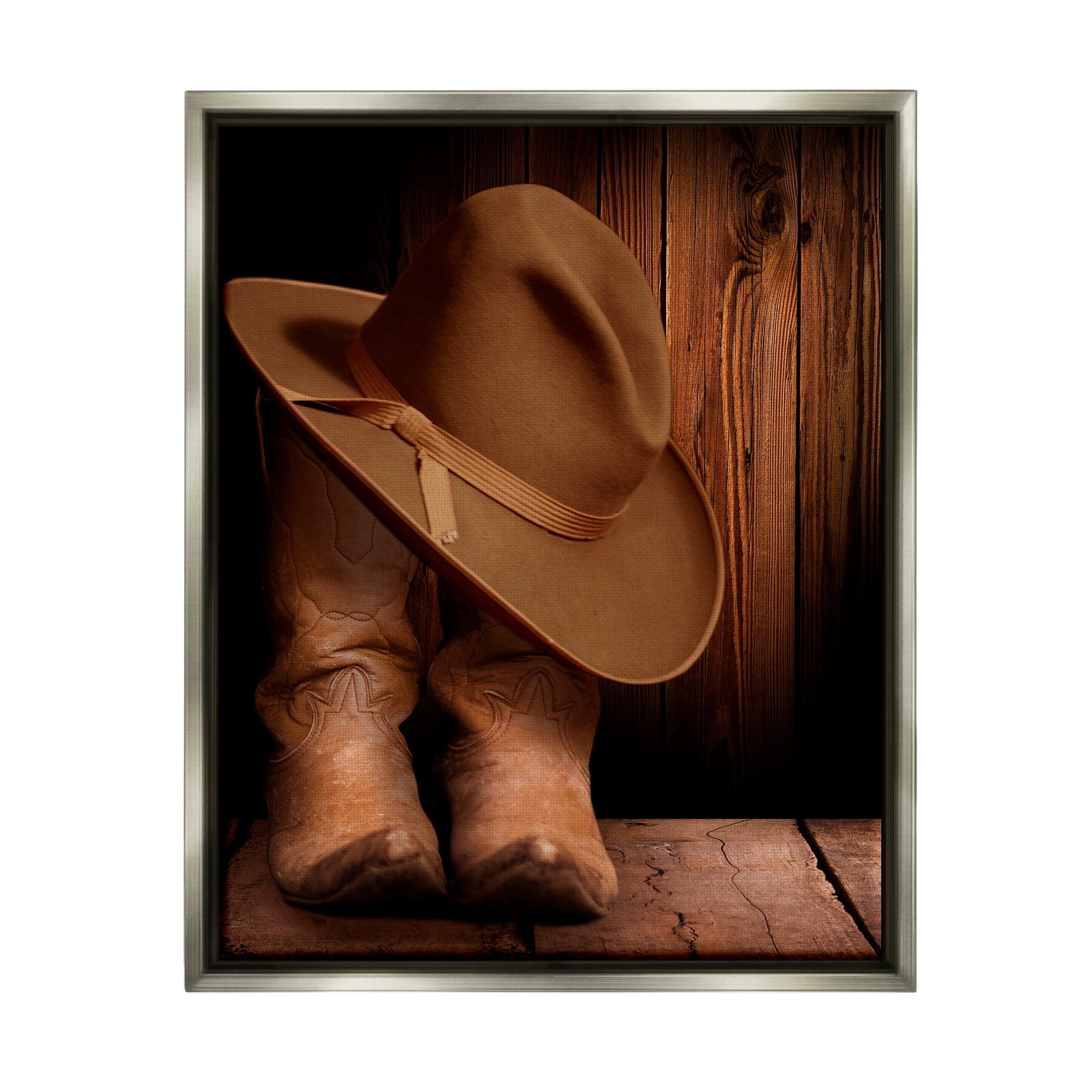 Stupell Industries Cowboy Boots & Hat Literature & Flim Photography Gray Floater Framed Canvas Art Print Wall Art, 25 x 31