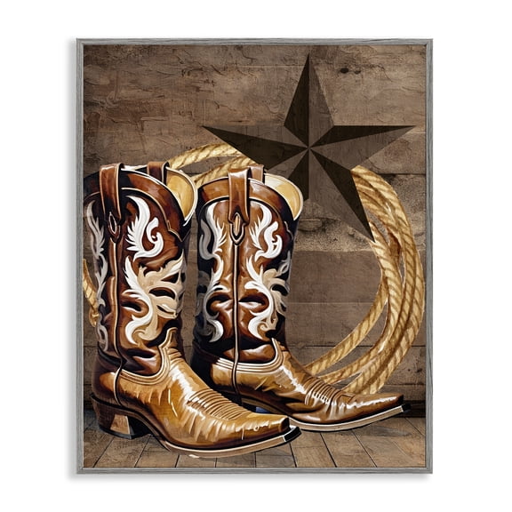 Stupell Industries Cowboy Boots Lone Star Fashion Painting Gray Framed Art Print Wall Art, 16 x 20