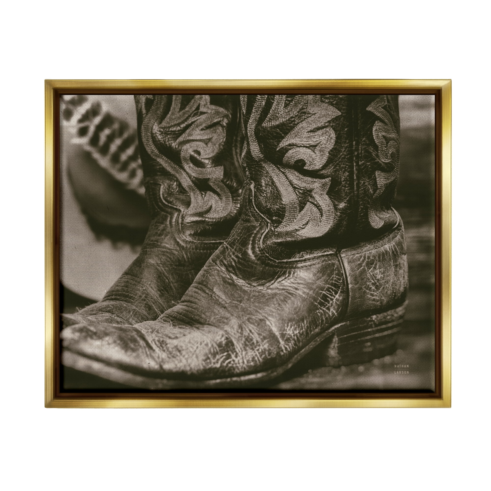 Stupell Industries Cowboy Boots Photography Beauty & Fashion Photography Gold Floater Framed Art Print Wall Art, 21 x 17